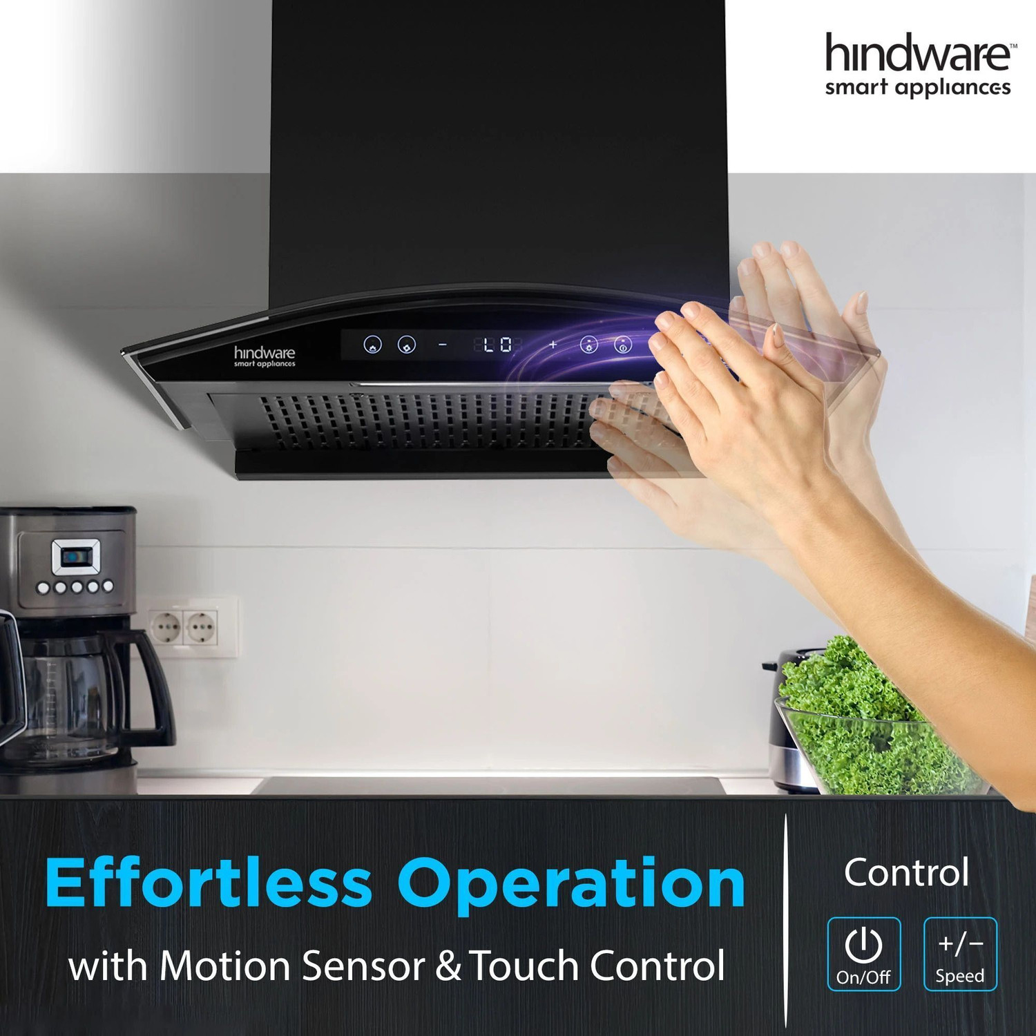 Image of Hindware Smart Appliances Ripple Neo BLDC 60 IN 1400 CMH 60 cm | Curved | Filterless | Touch Control | Motion Sensor | Energy Efficient LED Light | Powerful Suction | Auto Clean Chimney