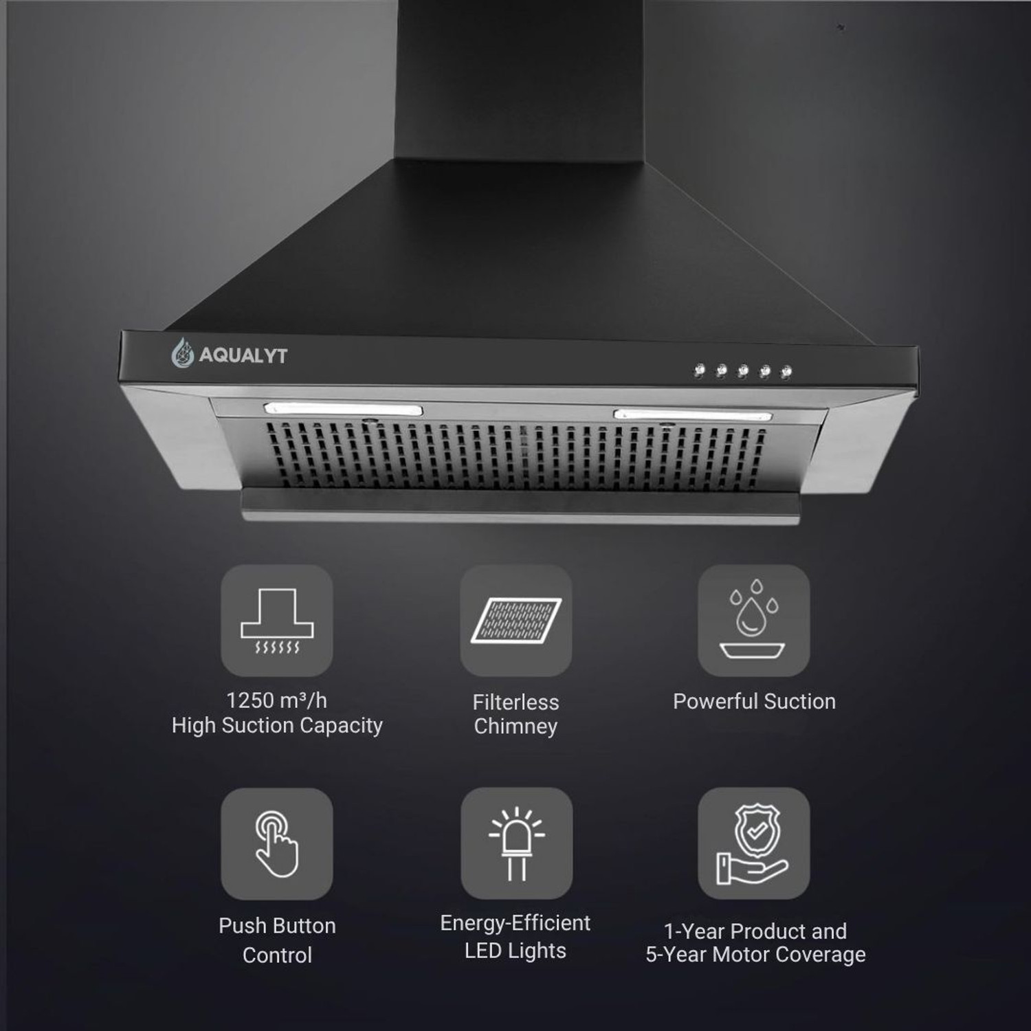 Image of AQUALYT Nova Hood Pyramid Shape 1250 CMH 60 cm Filterless Push Button Powerful Suction With Led Light Low Noise Chimney