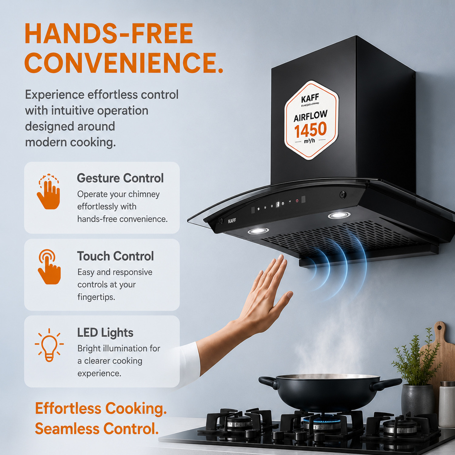Image of Kaff KCF60 1450 CMH 60 cm Digital Display, Touch & Motion Sensor, Filterless, Auto Clean Chimney