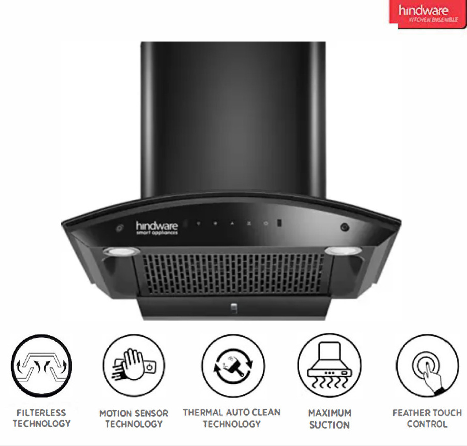 Image of Hindware CELESIA 60CM 1500CMH AUTOCLEAN CHIMNEY WITH MOTION SENSOR ( LAUNCH YEAR 2023 ) Auto Clean Wall Mounted BLACK 1500 CMH Chimney