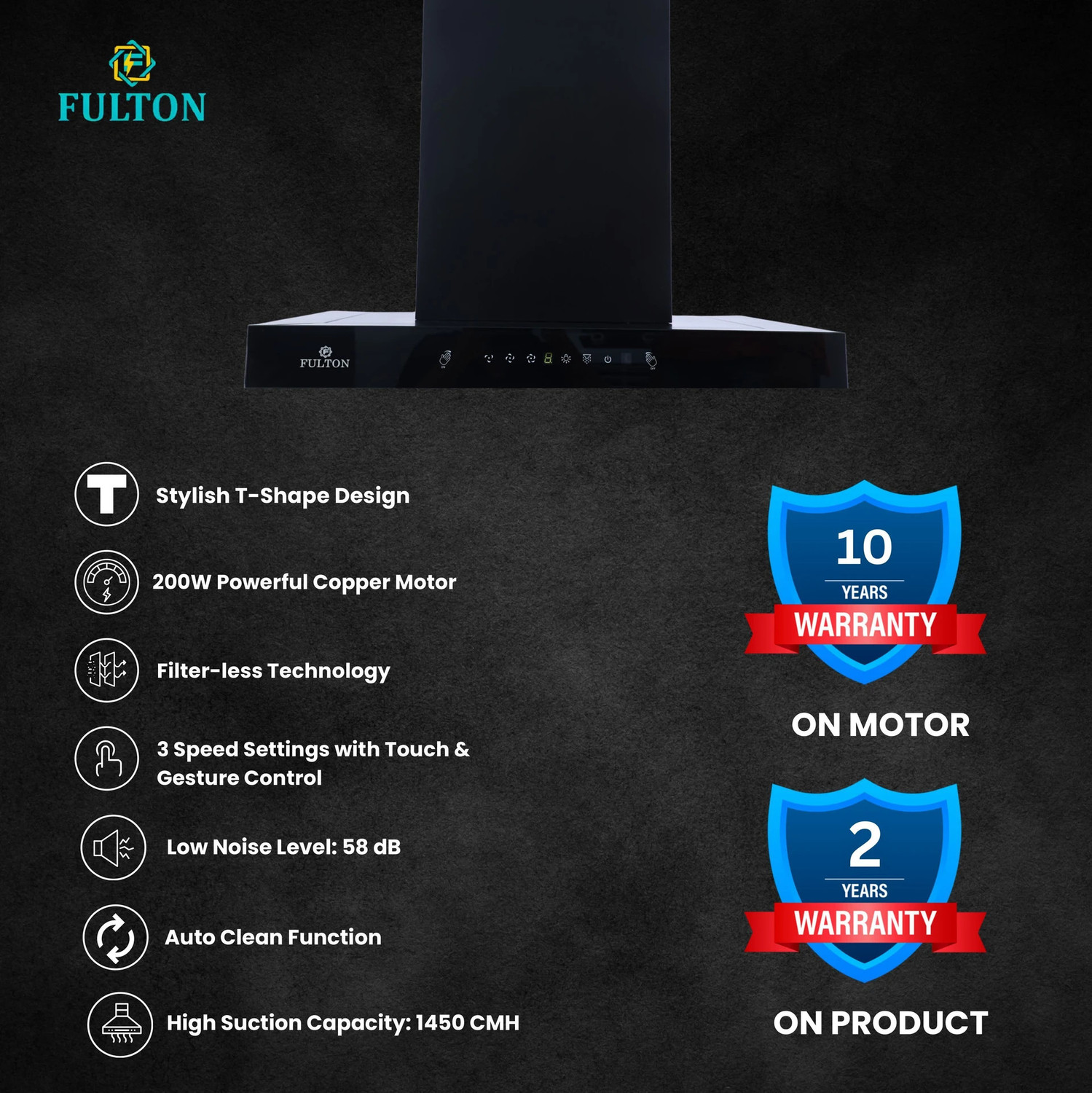 Image of FULTON SlLENT PRO T SHAPE 75 1450 CMH 75 cm Filter less Low Noise Powerful suction Auto Clean Chimney