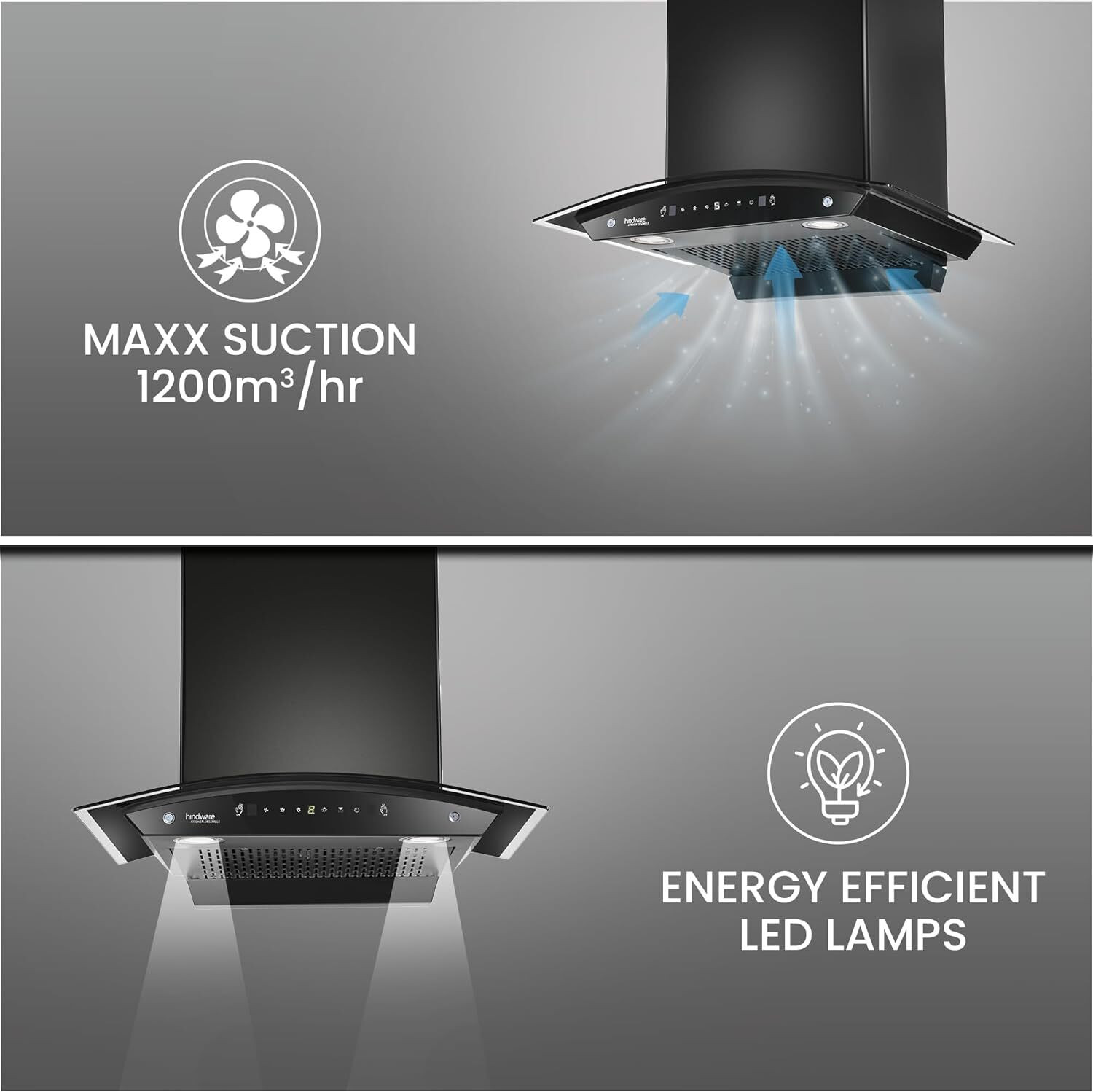 Image of Hindware Smart Appliances Ripple Neo 60 IN 1200 CMH 60 cm | Curved | Filterless | Touch Control | Motion Sensor | Energy Efficient LED Light | Powerful Suction | Auto Clean Chimney