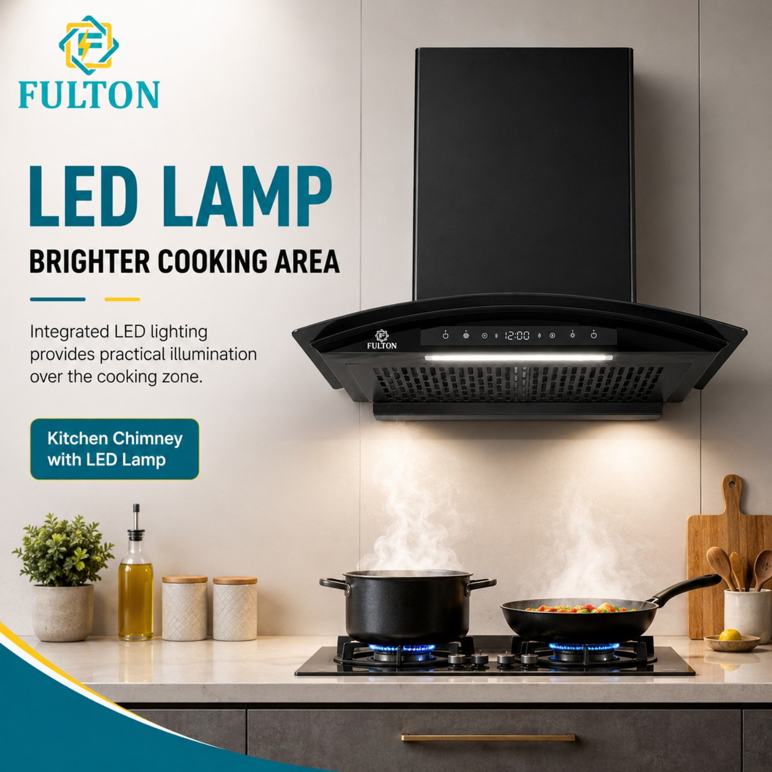 Image of FULTON SILENT FLOW BLDC CURVE 60CM CHIMNEY| 130W BIG HOUSING COPPER MOTOR| 1650 CMH 60 cm Auto Clean Chimney