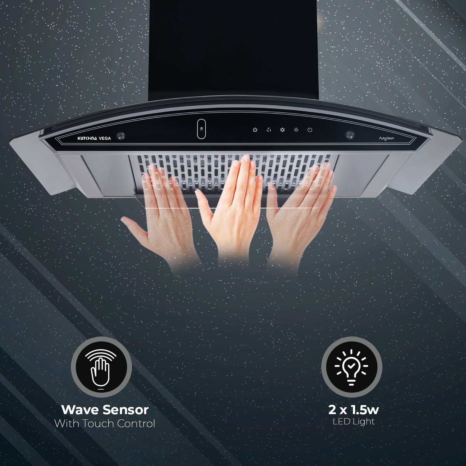 Image of Kutchina Vega DLX 75 1600 CMH 75 cm Motion Sensor Control Touch Control Auto Clean Powerful suction Low Noise Auto Clean Chimney