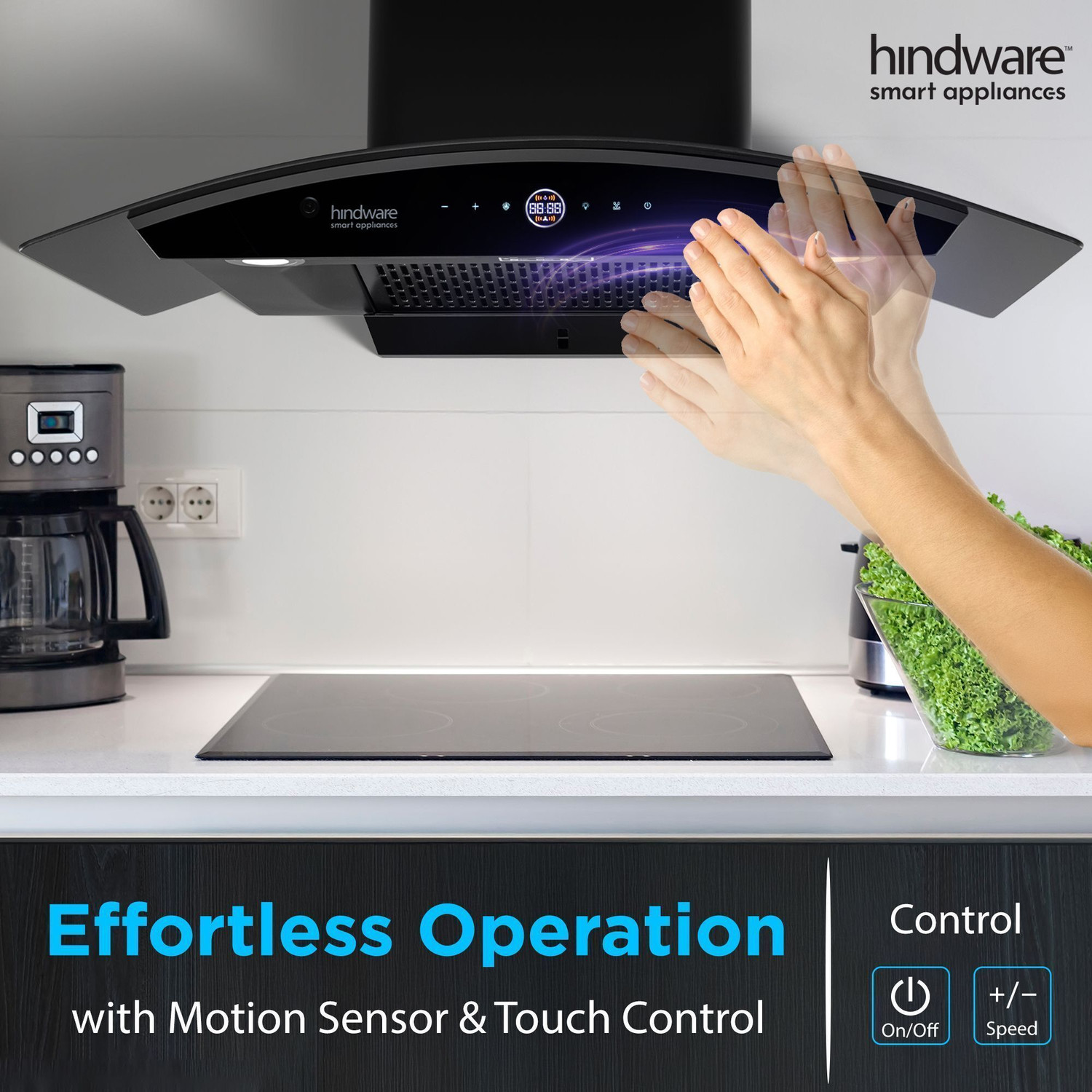 Image of Hindware Smart Appliances Nadia BLDC 90 IN Auto Clean Wall Mounted Black 1600 CMH Chimney