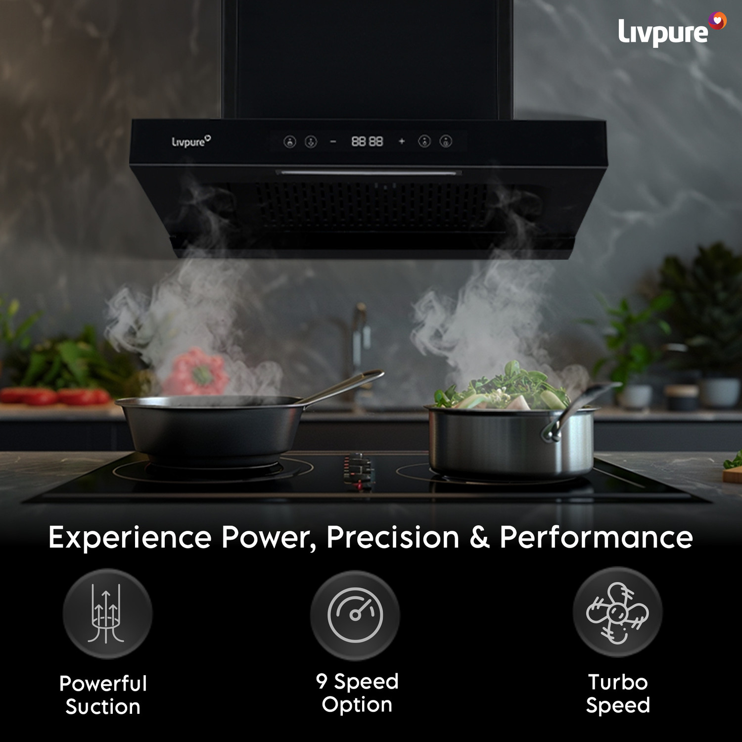 Image of LIVPURE LIV-FERN-60-FL-BLDC-HAC Auto Clean Wall Mounted BLACK 1400 CMH Chimney