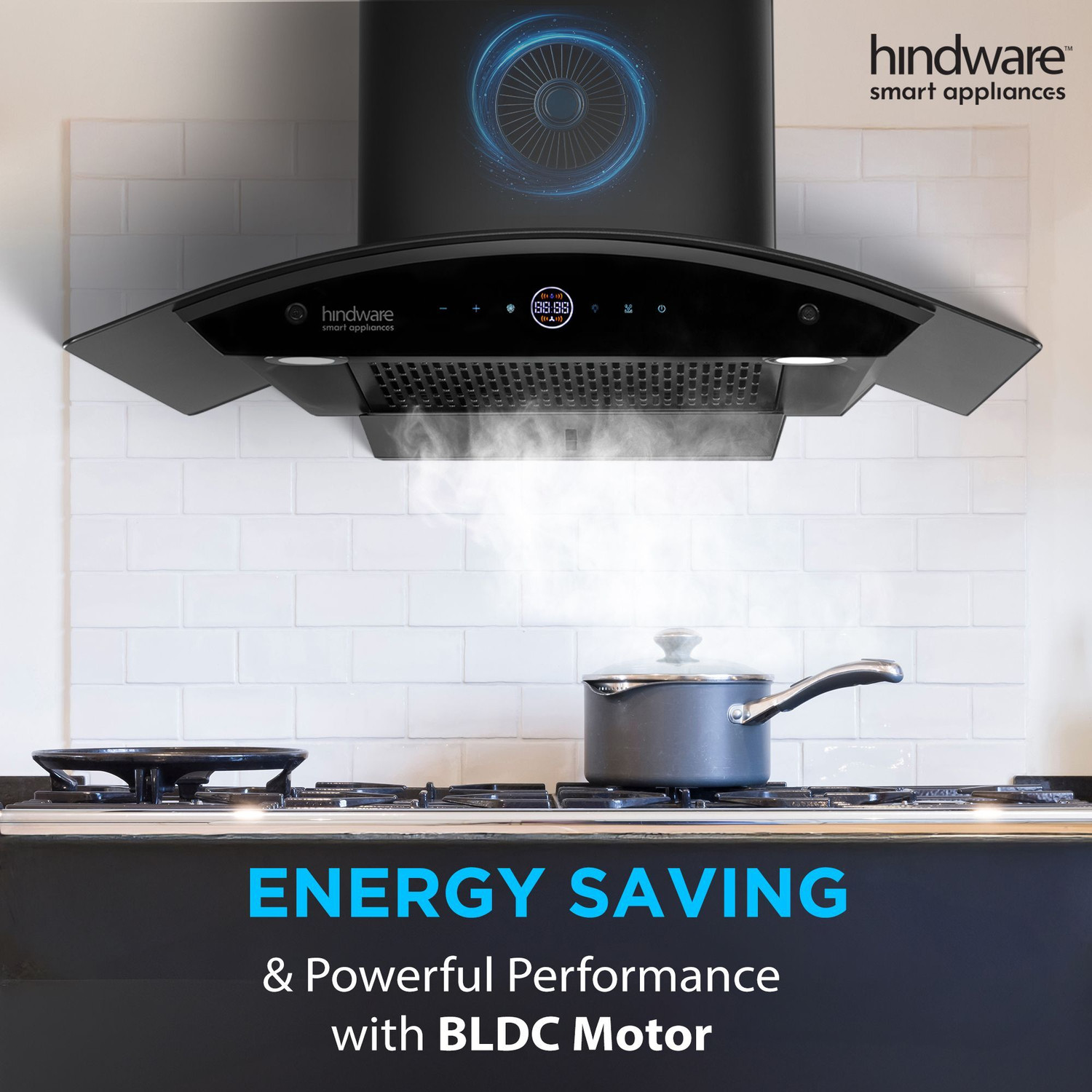 Image of Hindware Smart Appliances Ripple Plus BLDC Autoclean 75 IN Auto Clean | Curved Glass | Filterless | Touch Control | Energy Efficient LED Light | Powerful Suction | Wall Mounted Black 1600 CMH Chimney