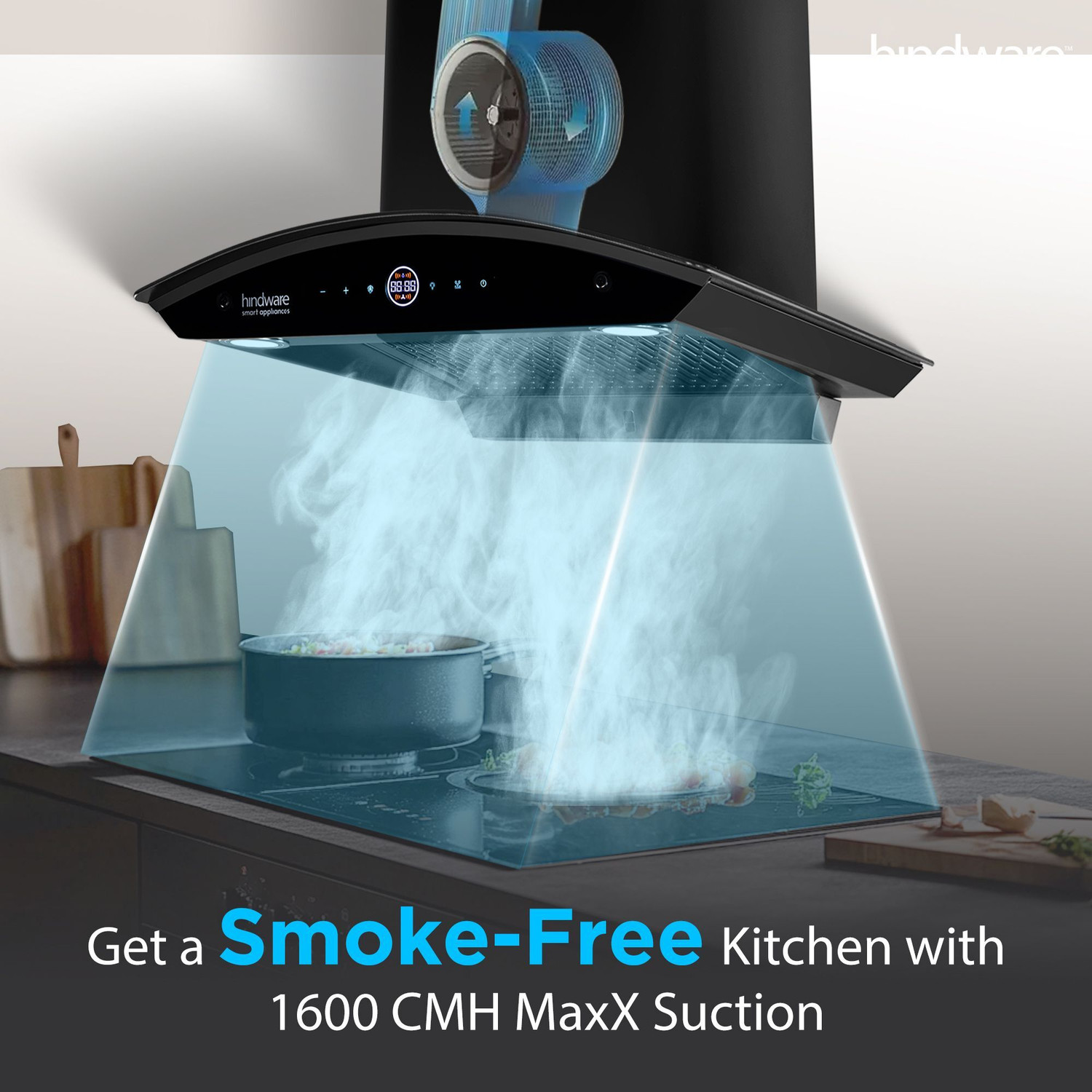 Image of Hindware Smart Appliances Ripple Plus BLDC Autoclean 60 IN Auto Clean | Curved Glass | Filterless | Touch Control | Energy Efficient LED Light | Powerful Suction | Wall Mounted Black 1600 CMH Chimney