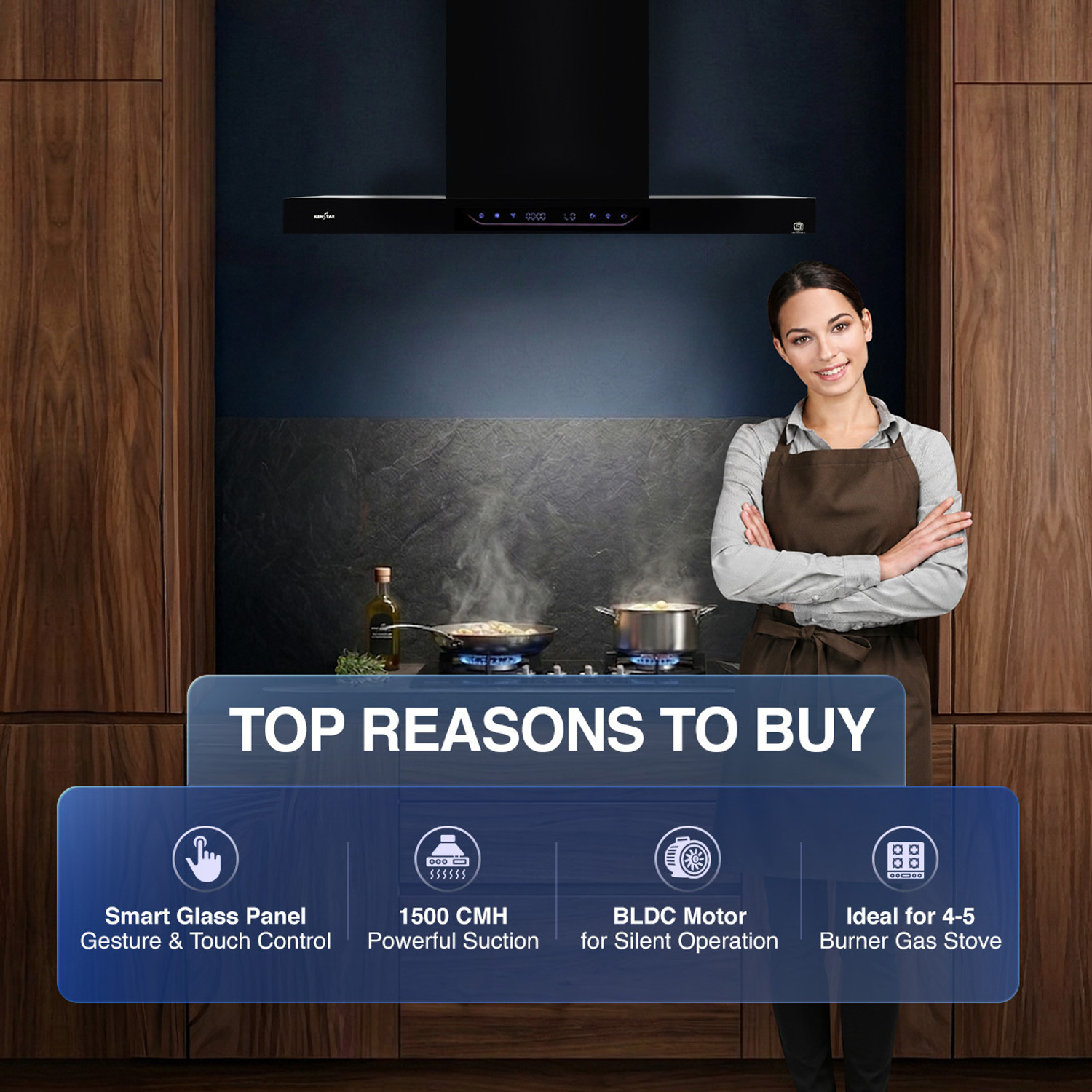 Image of Kenstar AeroGlide BLDC T SHAPE 90 CM 1500 CMH 90 cm Filterless Auto-clean Chimney With BLDC Motor 10 Speed Touch & Gesture Control Powerful Suction Low Noise Auto Clean Chimney