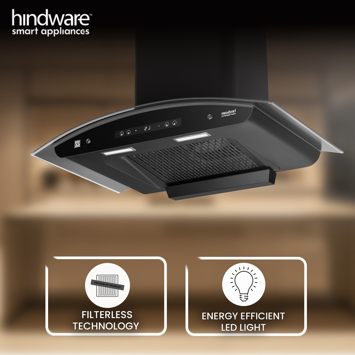 Image of Hindware Smart Appliances Alexio Plus BLDC 90CM Auto Clean | Curved Glass | Filterless | Touch Control, Motion Sensor | Energy Efficient LED Light | Powerful Suction | Wall Mounted Black 1450 CMH Chimney