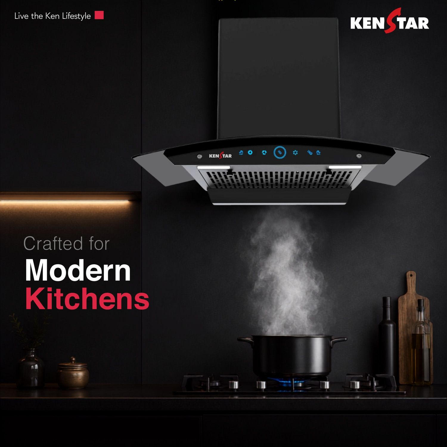 Image of Kenstar Smoke Zero 90 1200 CMH 90 cm | Curved Glass | Filterless | 3 Speed Motion Sensor with Touch Controls | Powerful Suction | Outer Oil Collector | Energy Saving LED Lights | Auto Clean Chimney