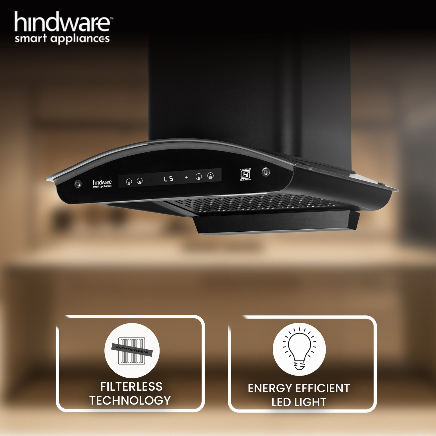 Image of Hindware Smart Appliances Alexio Plus BLDC 60CM Auto Clean | Curved Glass | Filterless | Touch Control, Motion Sensor | Energy Efficient LED Light | Powerful Suction | Wall Mounted Black 1450 CMH Chimney