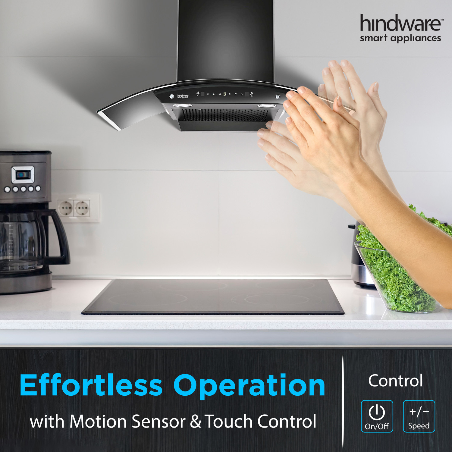 Image of Hindware Smart Appliances Ripple Neo 90 IN 1200 CMH 90 cm | Curved | Filterless | Touch Control | Motion Sensor | Energy Efficient LED Light | Powerful Suction | Auto Clean Chimney