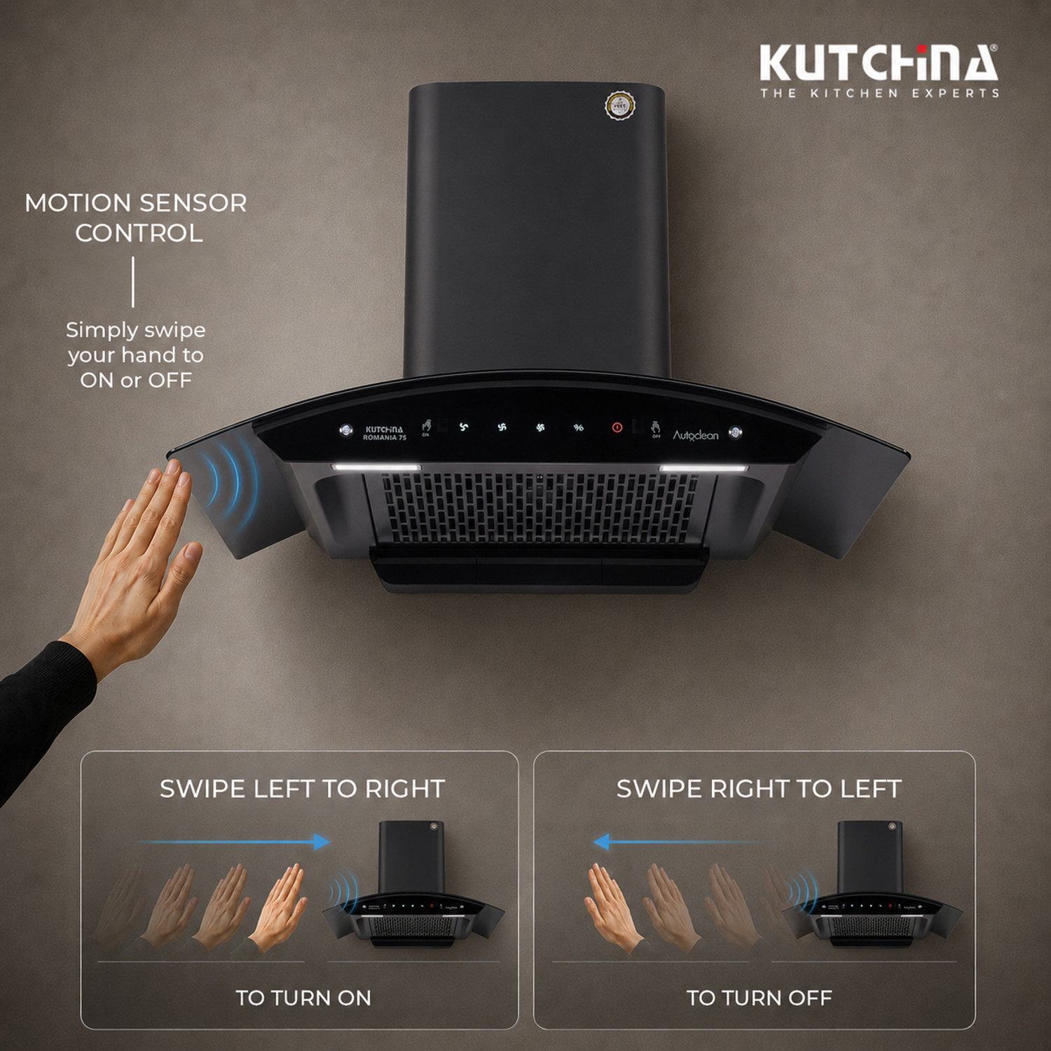 Image of Kutchina Romania 75 1300 CMH 75 cm Motion Sensor Control Touch Control Auto Clean Powerful suction Low Noise Auto Clean Chimney