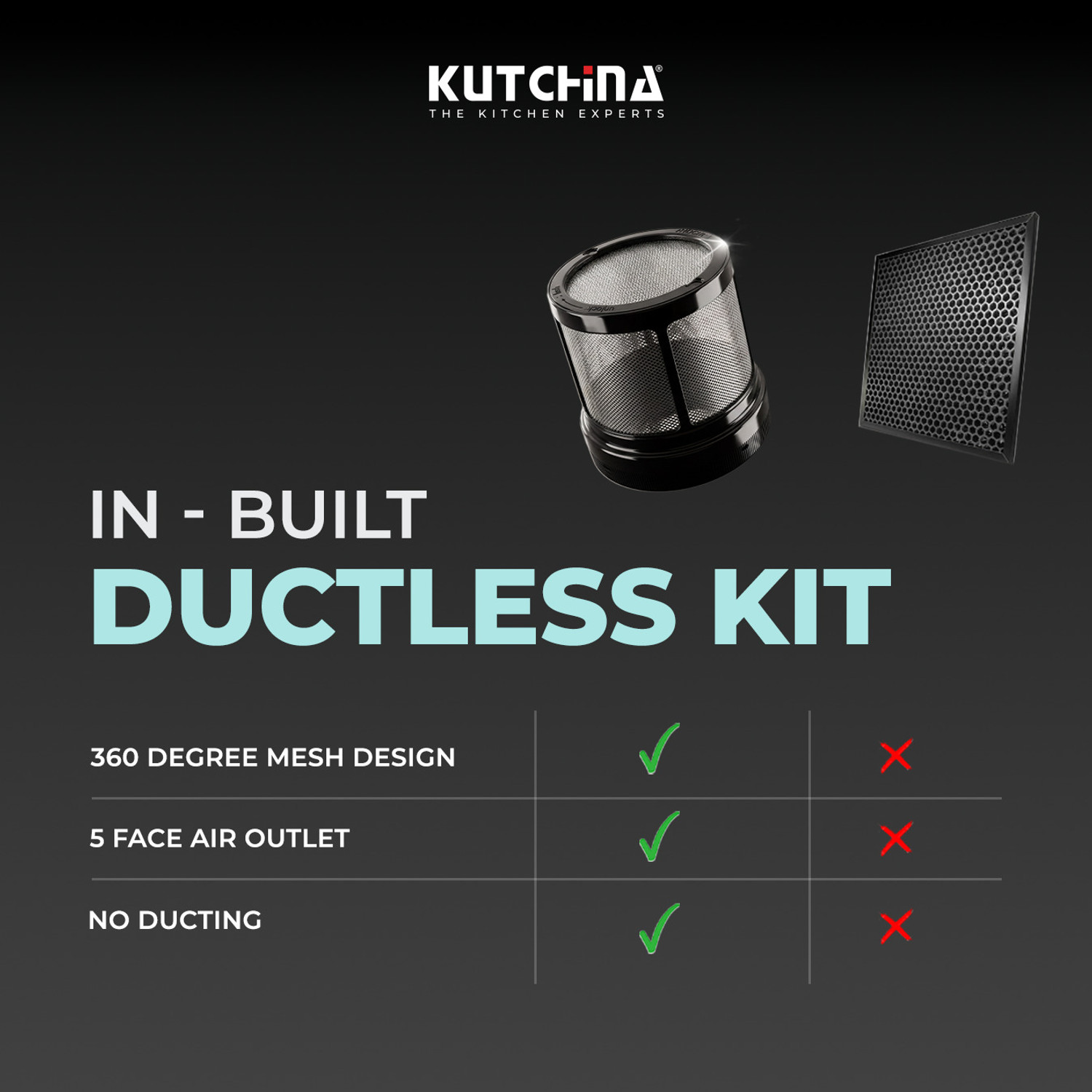 Image of Kutchina Romania DLX 60 1300 CMH 60 cm Ductless Plug & Play Touch & Wave Sensor Control Auto Clean Chimney Auto Clean Chimney