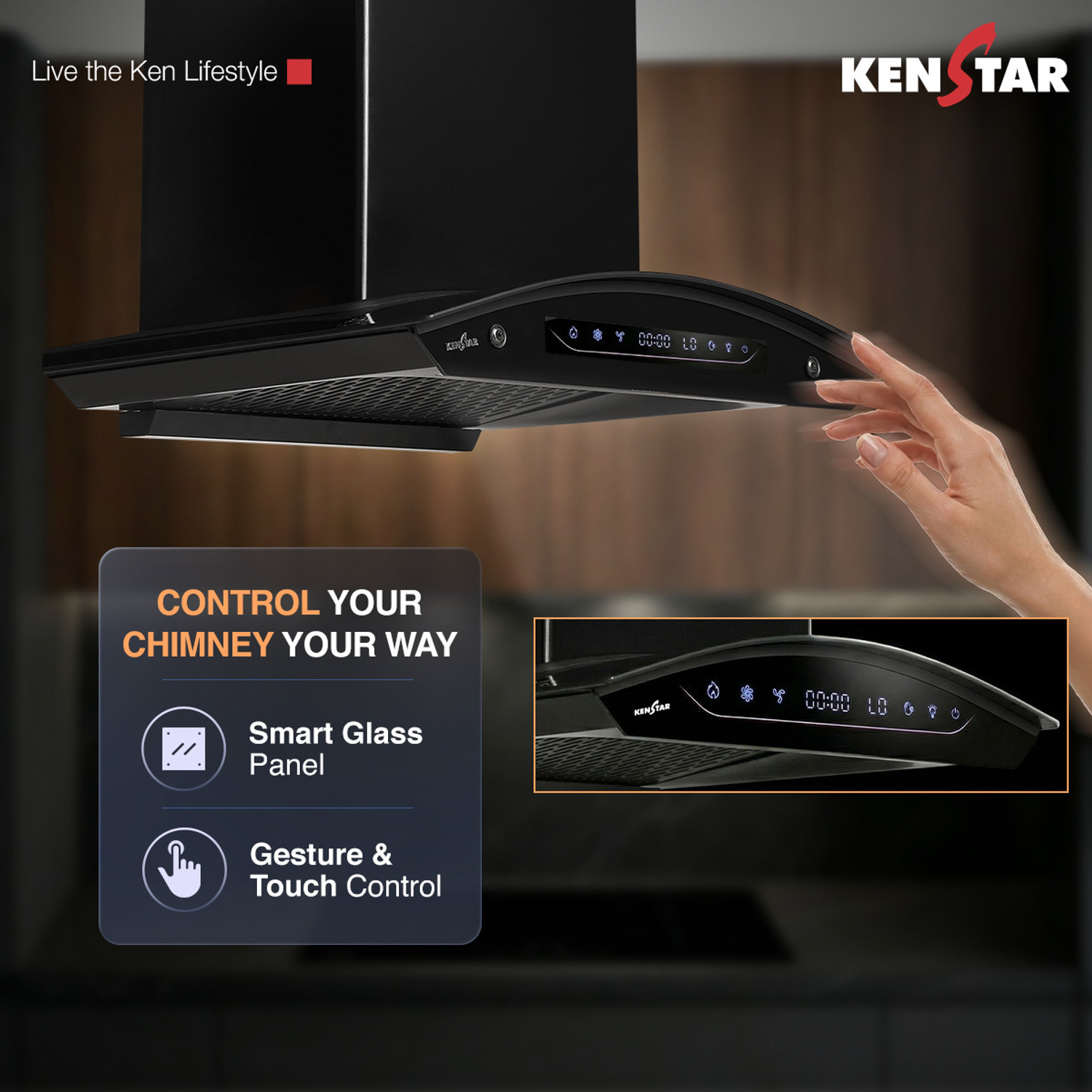 Image of Kenstar AeroGlide BLDC CURVE 60 CM 1500 CMH 60 cm Filterless Auto-clean Chimney With BLDC Motor 10 Speed Touch & Gesture Control Powerful Suction Low Noise Auto Clean Chimney