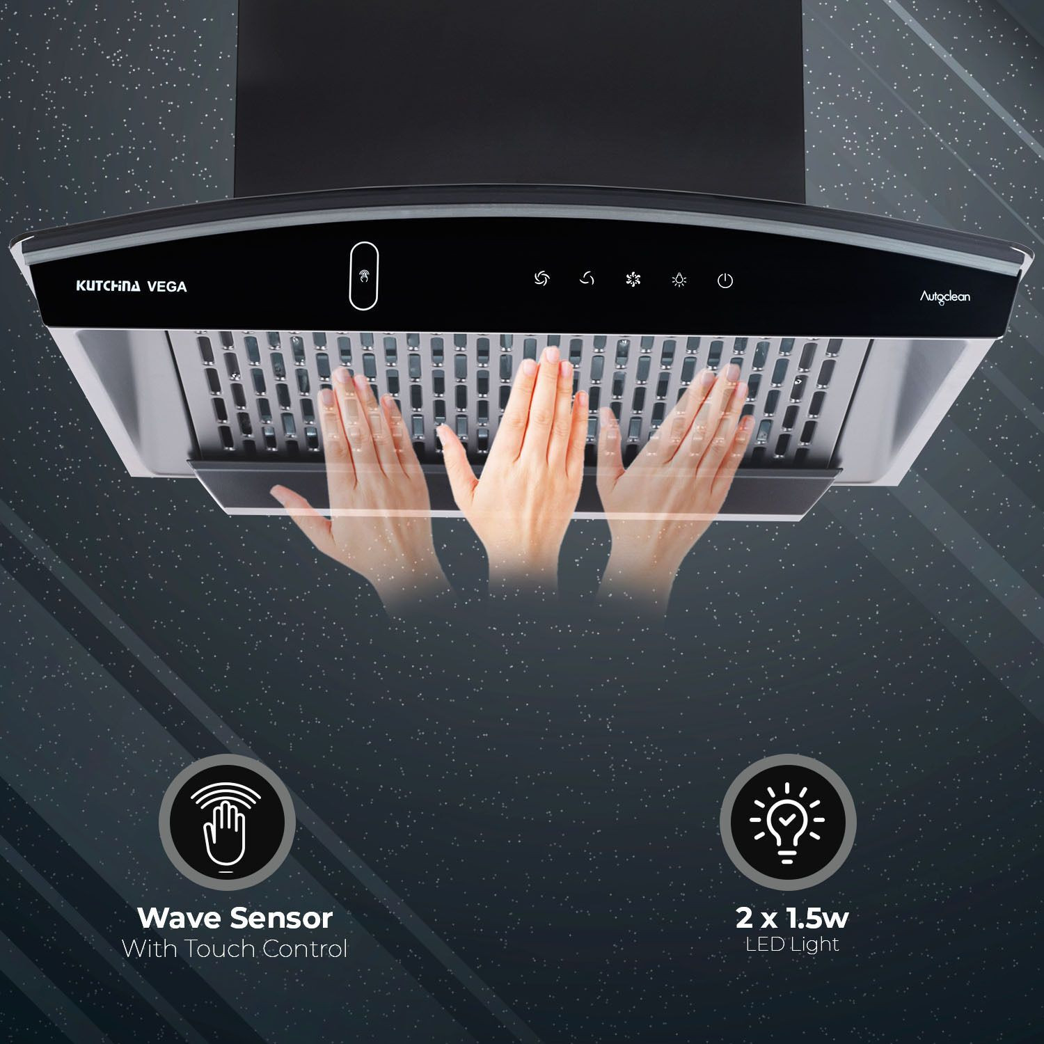 Image of Kutchina Vega DLX 60 1600 CMH 60 cm Motion Sensor Control Touch Control Auto Clean Powerful suction Low Noise Auto Clean Chimney