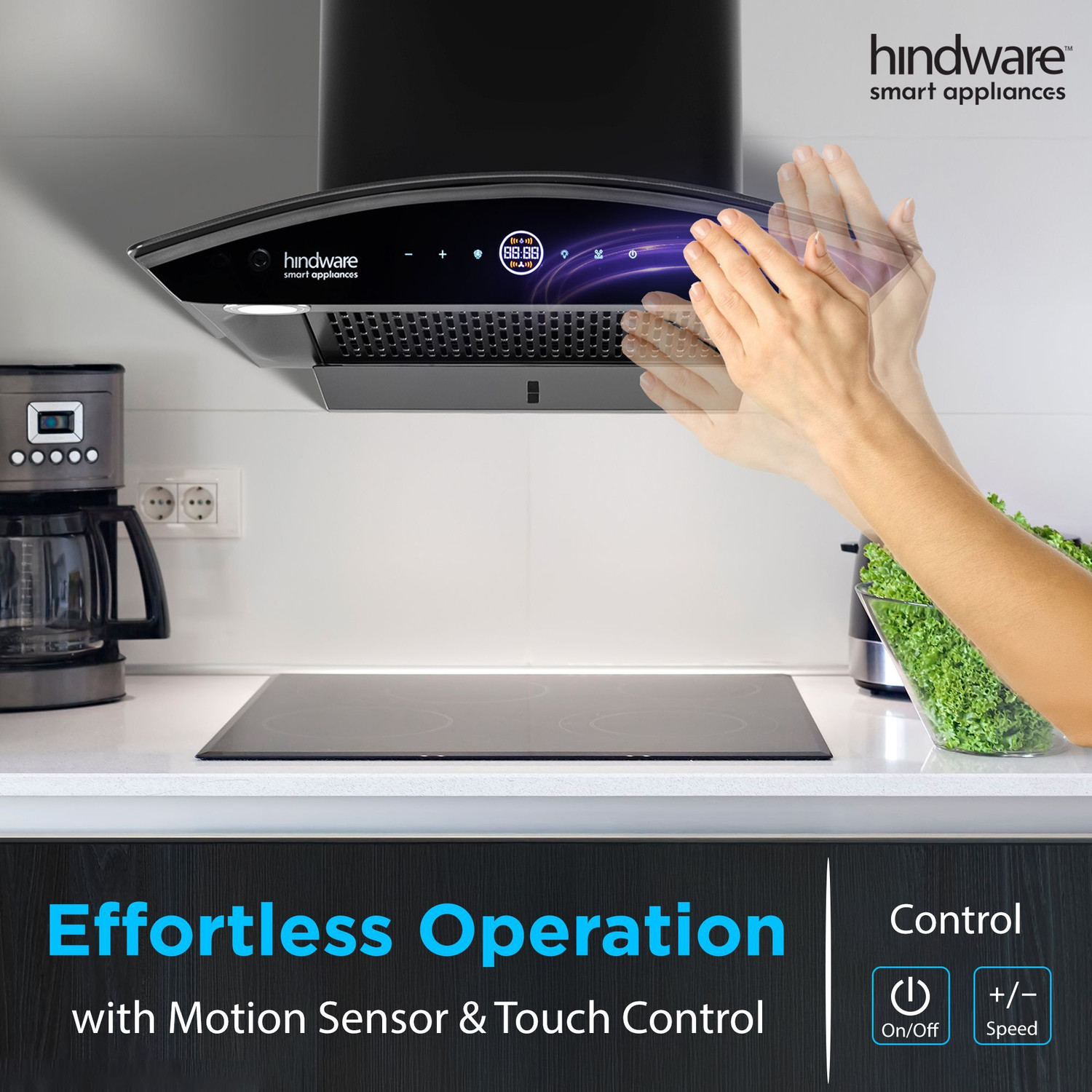 Image of Hindware Smart Appliances Ripple Plus BLDC Autoclean 60 IN Auto Clean | Curved Glass | Filterless | Touch Control | Energy Efficient LED Light | Powerful Suction | Wall Mounted Black 1600 CMH Chimney