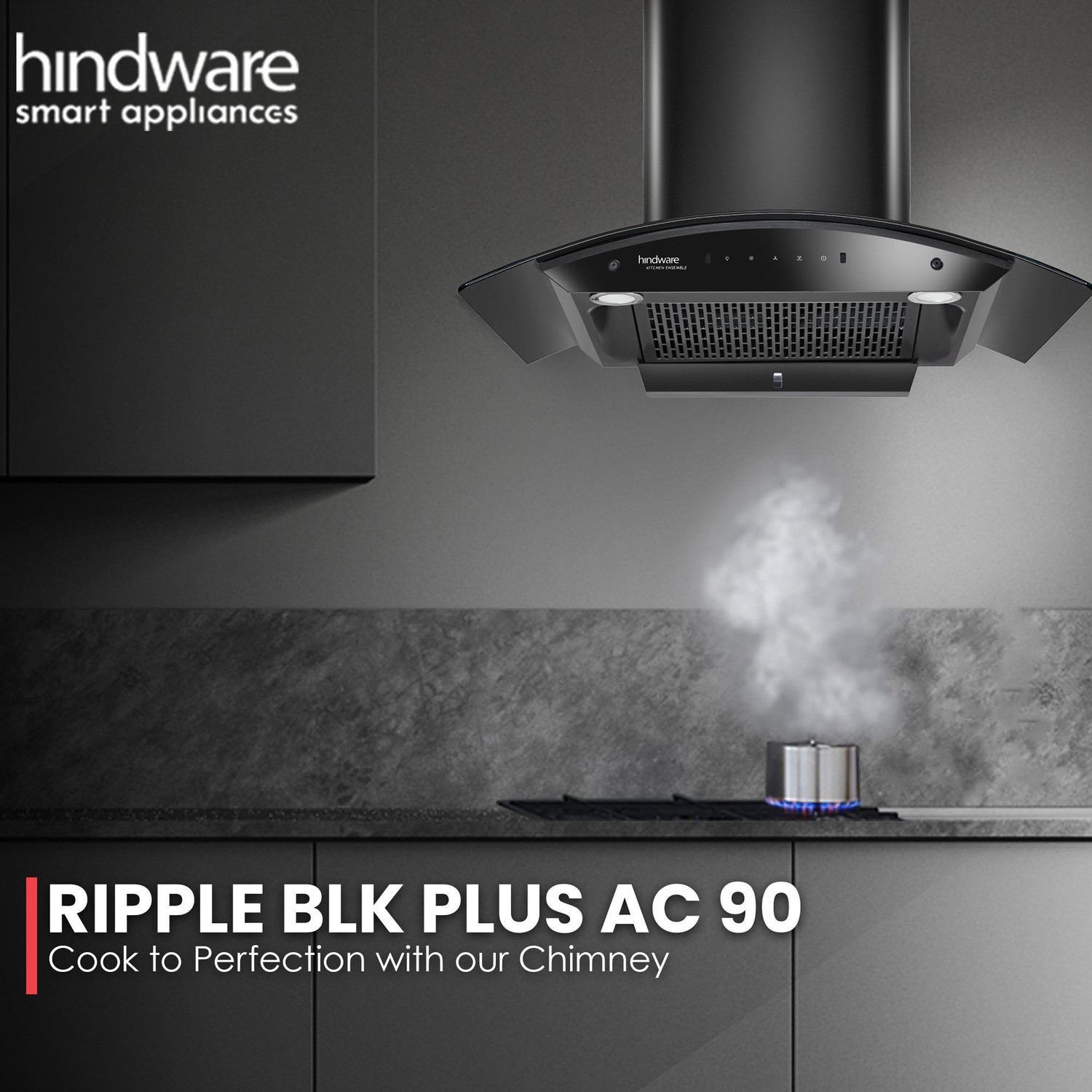 Image of Hindware Smart Appliances Ripple Blk Plus Autoclean 90 IN Auto Clean | Curved Glass | Filterless | Touch Control | Motion Sensor | 10 Years Motor Warranty | Energy Efficient LED Light | Powerful Suction Wall Mounted Black 1500 CMH Chimney