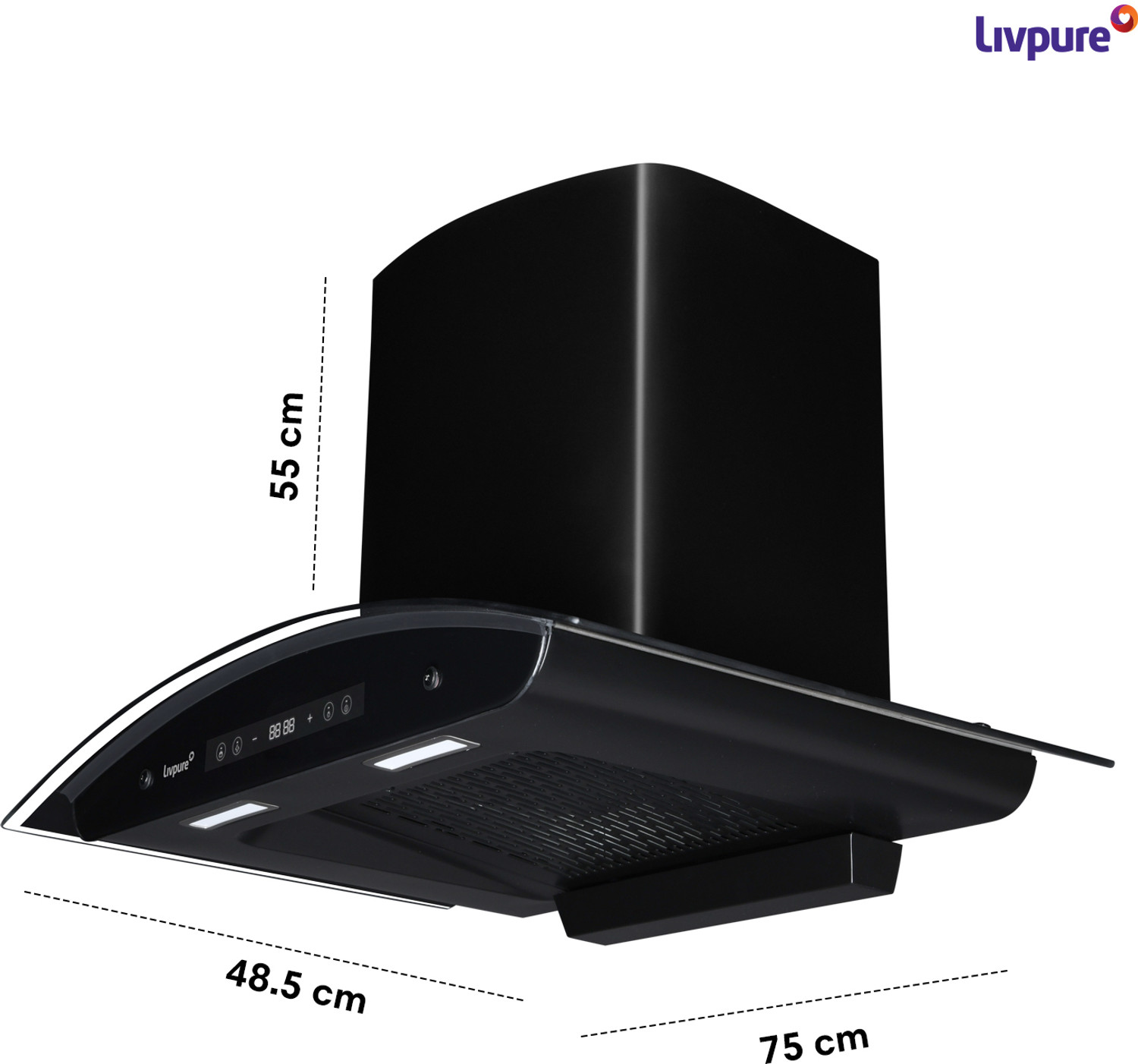 Image of LIVPURE LIV-INVICTO-75-FL-BLDC-HAC Auto Clean Filterless Auto-clean Chimney With BLDC Motor | 9 Speed With RPM Display |Touch & Gesture Control | Powerful Suction | Low Noise Wall Mounted Black 1400 CMH Chimney