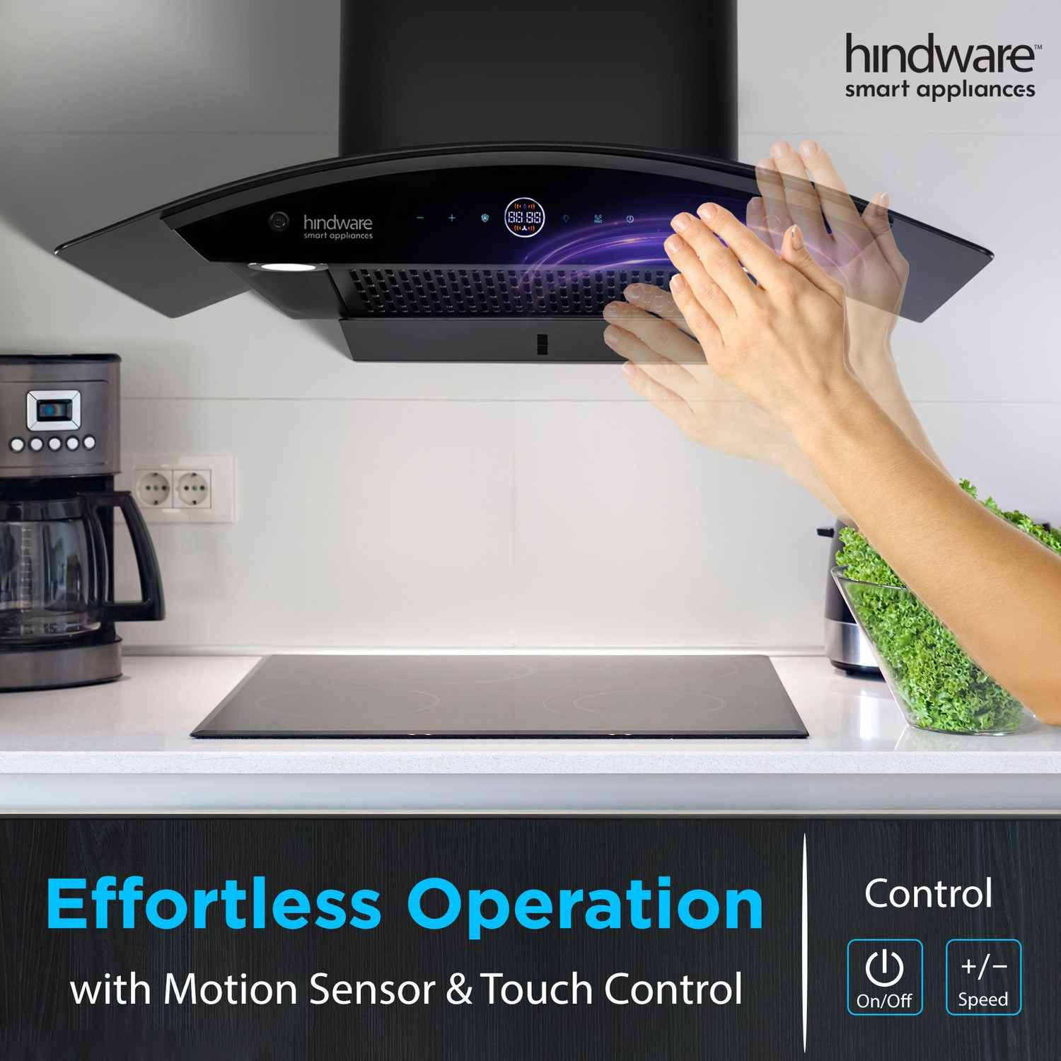 Image of Hindware Smart Appliances Ripple Plus BLDC Autoclean 75 IN Auto Clean | Curved Glass | Filterless | Touch Control | Energy Efficient LED Light | Powerful Suction | Wall Mounted Black 1600 CMH Chimney