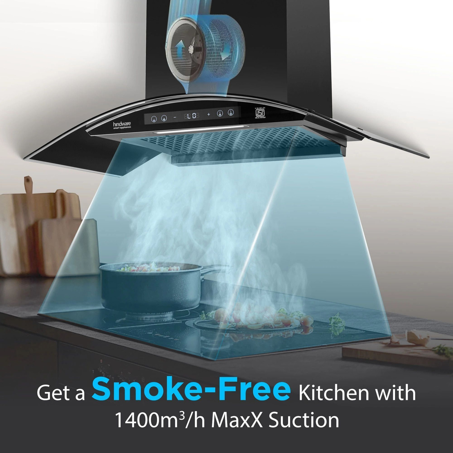 Image of Hindware Smart Appliances Ripple Neo BLDC 90 IN 1400 CMH 90 cm | Curved | Filterless | Touch Control | Motion Sensor | Energy Efficient LED Light | Powerful Suction | Auto Clean Chimney