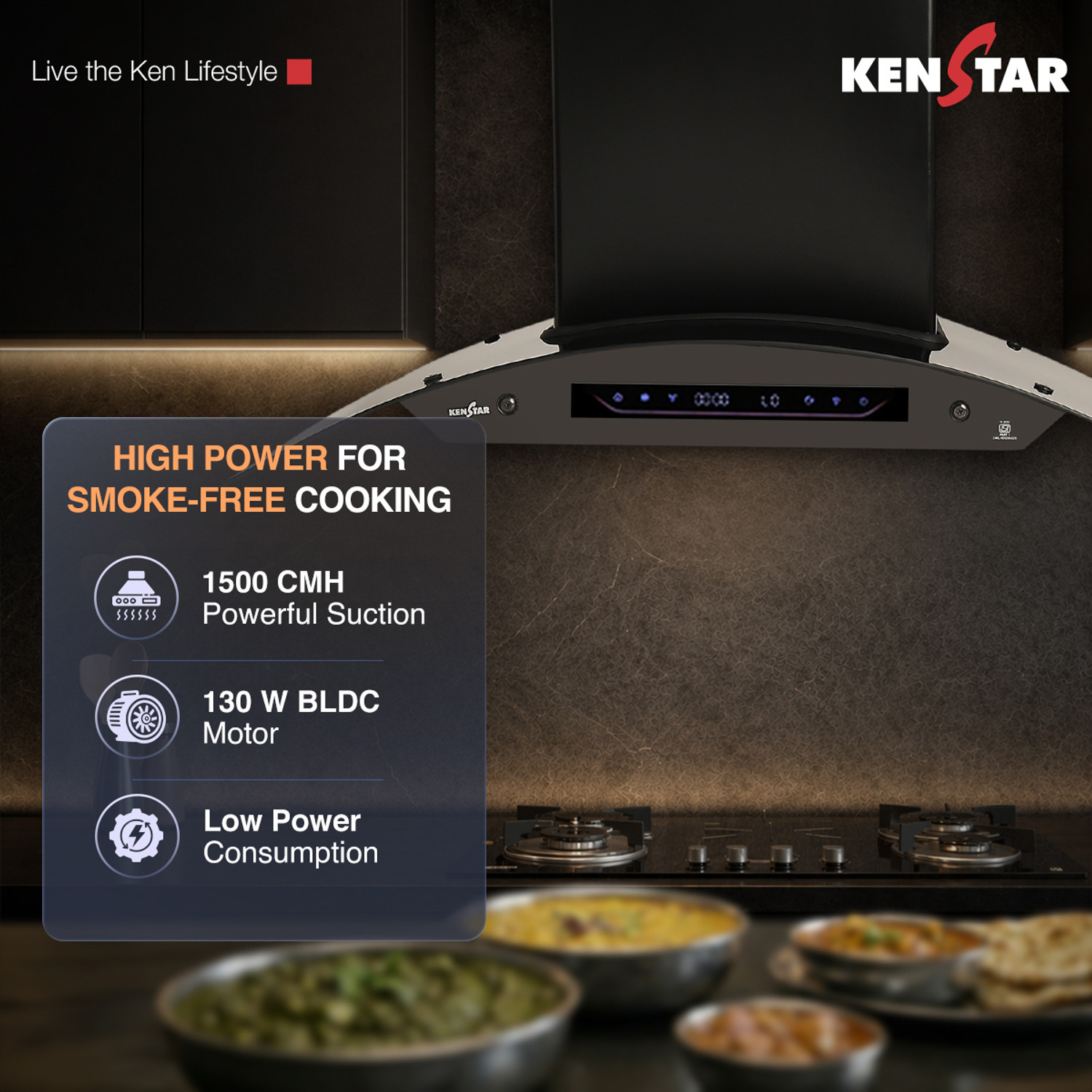 Image of Kenstar AeroGlide BLDC CURVE 90 CM 1500 CMH 90 cm Filterless Auto-clean Chimney With BLDC Motor 10 Speed Touch & Gesture Control Powerful Suction Low Noise Auto Clean Chimney