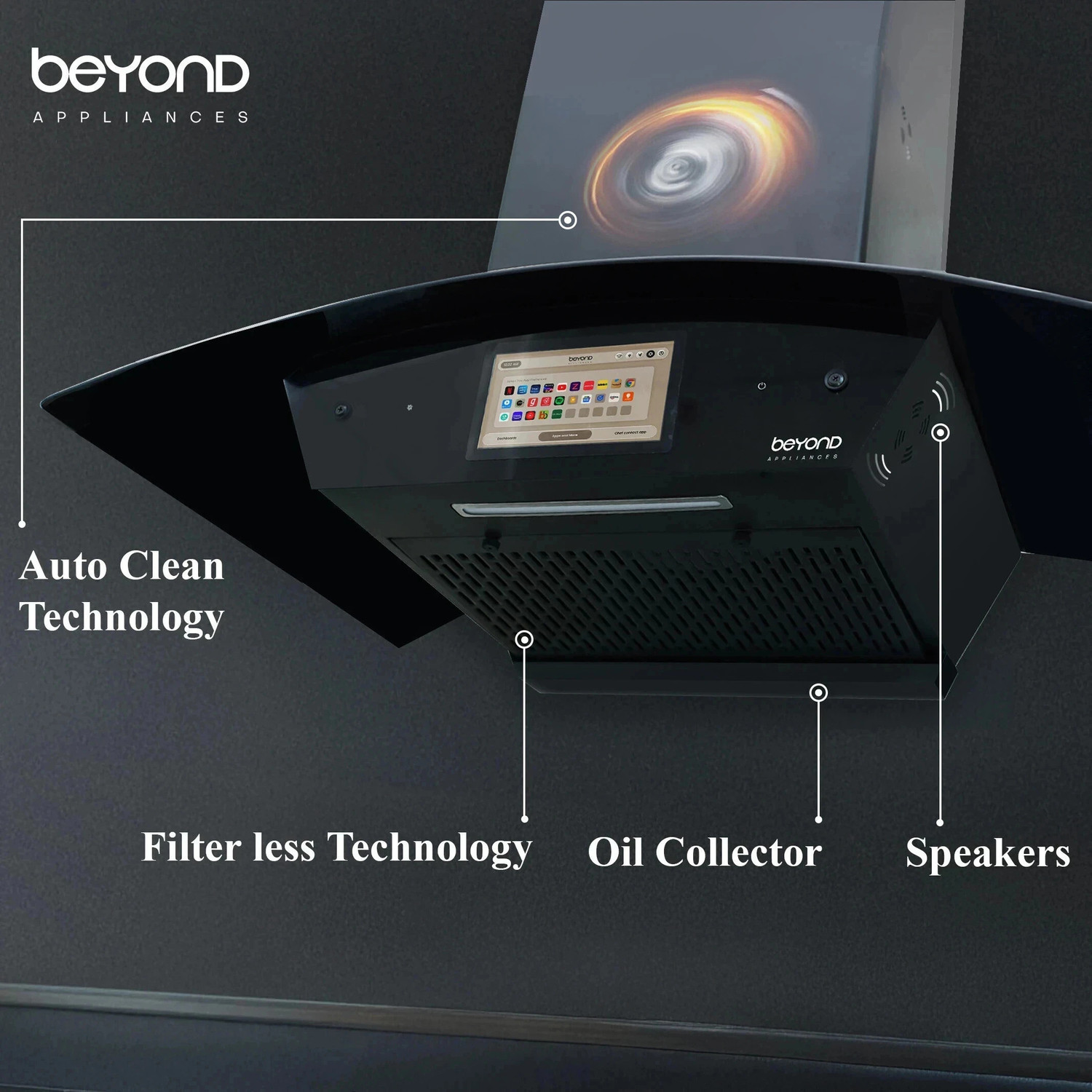 Image of Beyond Appliances Asteria 90cm Android Chimney Filter-Less Auto Clean Filterless |Smart Screen & Speaker | Touch Control | Android Chimney Wall Mounted Black 1408 CMH Chimney