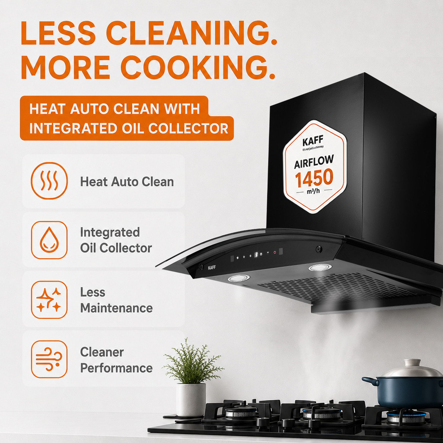 Image of Kaff KCF60 1450 CMH 60 cm Digital Display, Touch & Motion Sensor, Filterless, Auto Clean Chimney