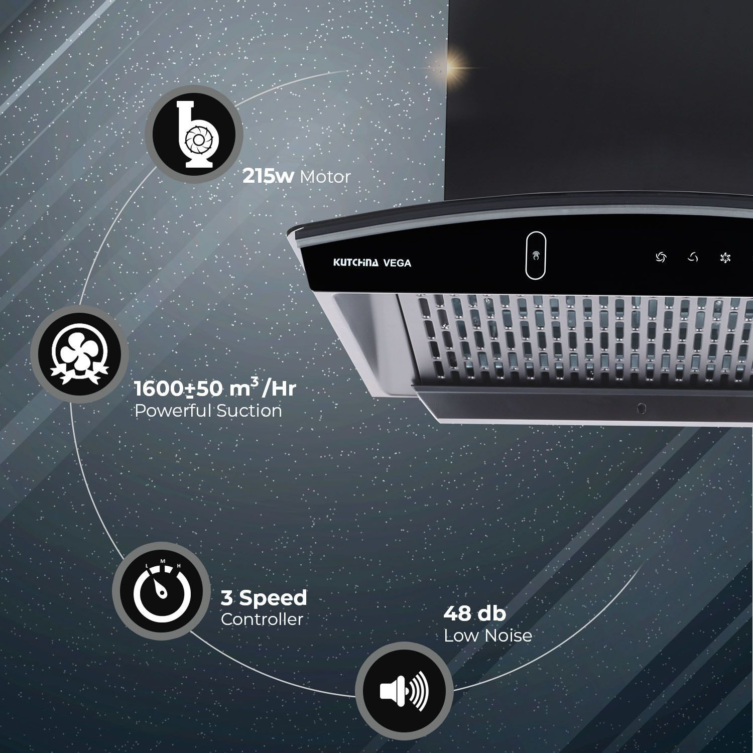 Image of Kutchina Vega DLX 60 1600 CMH 60 cm Motion Sensor Control Touch Control Auto Clean Powerful suction Low Noise Auto Clean Chimney