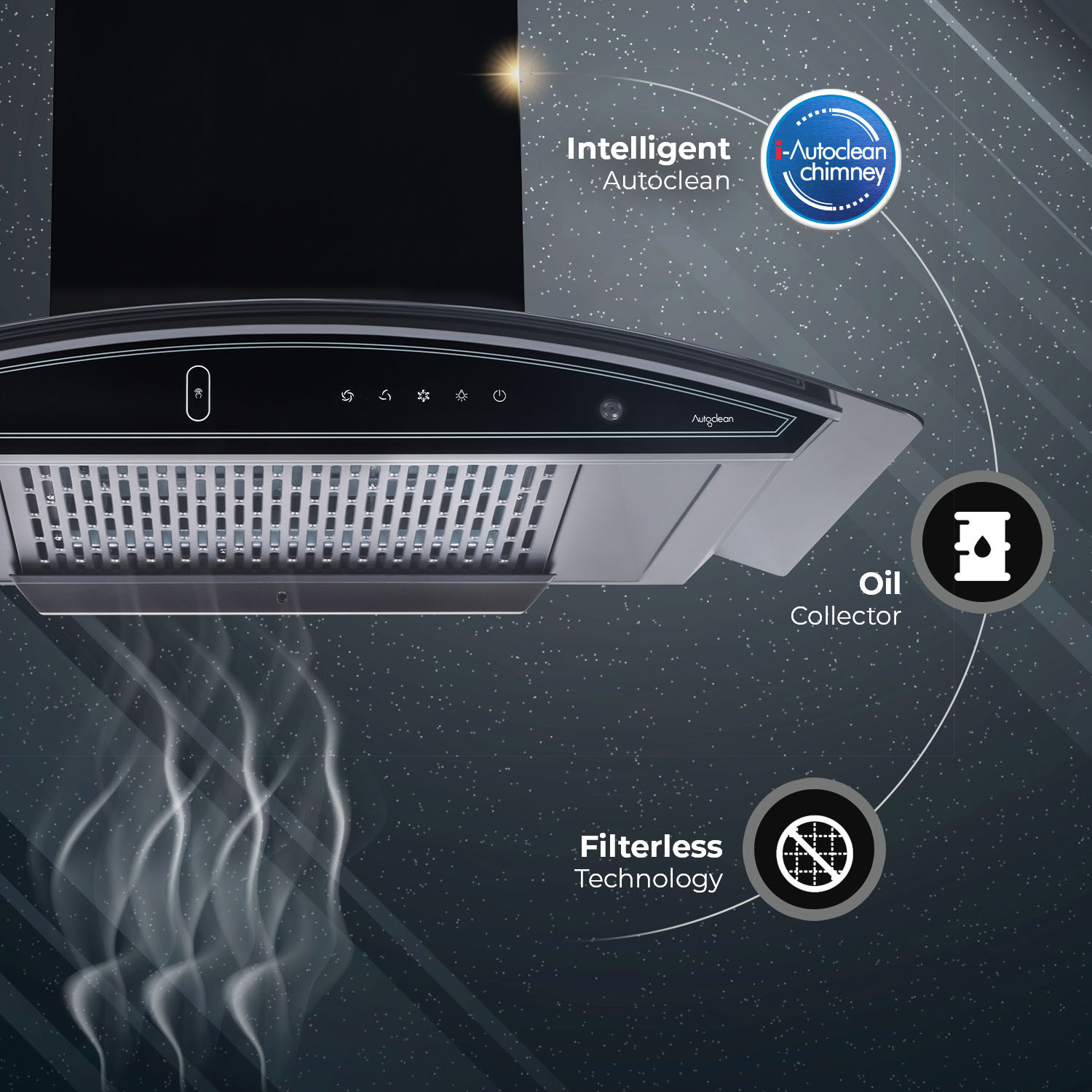 Image of Kutchina Vega DLX 75 1600 CMH 75 cm Motion Sensor Control Touch Control Auto Clean Powerful suction Low Noise Auto Clean Chimney