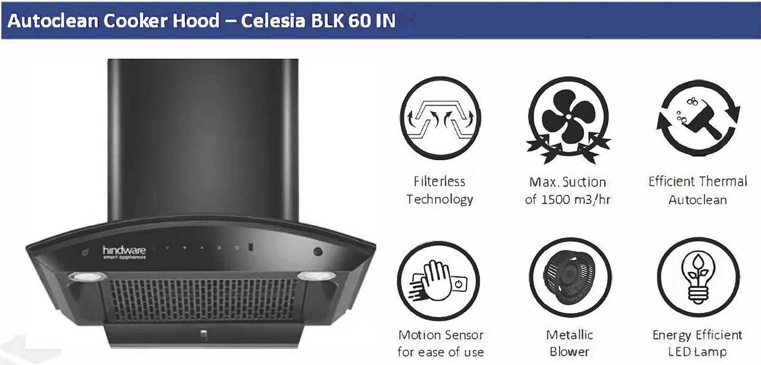 Image of Hindware CELESIA 60CM 1500CMH AUTOCLEAN CHIMNEY WITH MOTION SENSOR ( LAUNCH YEAR 2023 ) Auto Clean Wall Mounted BLACK 1500 CMH Chimney
