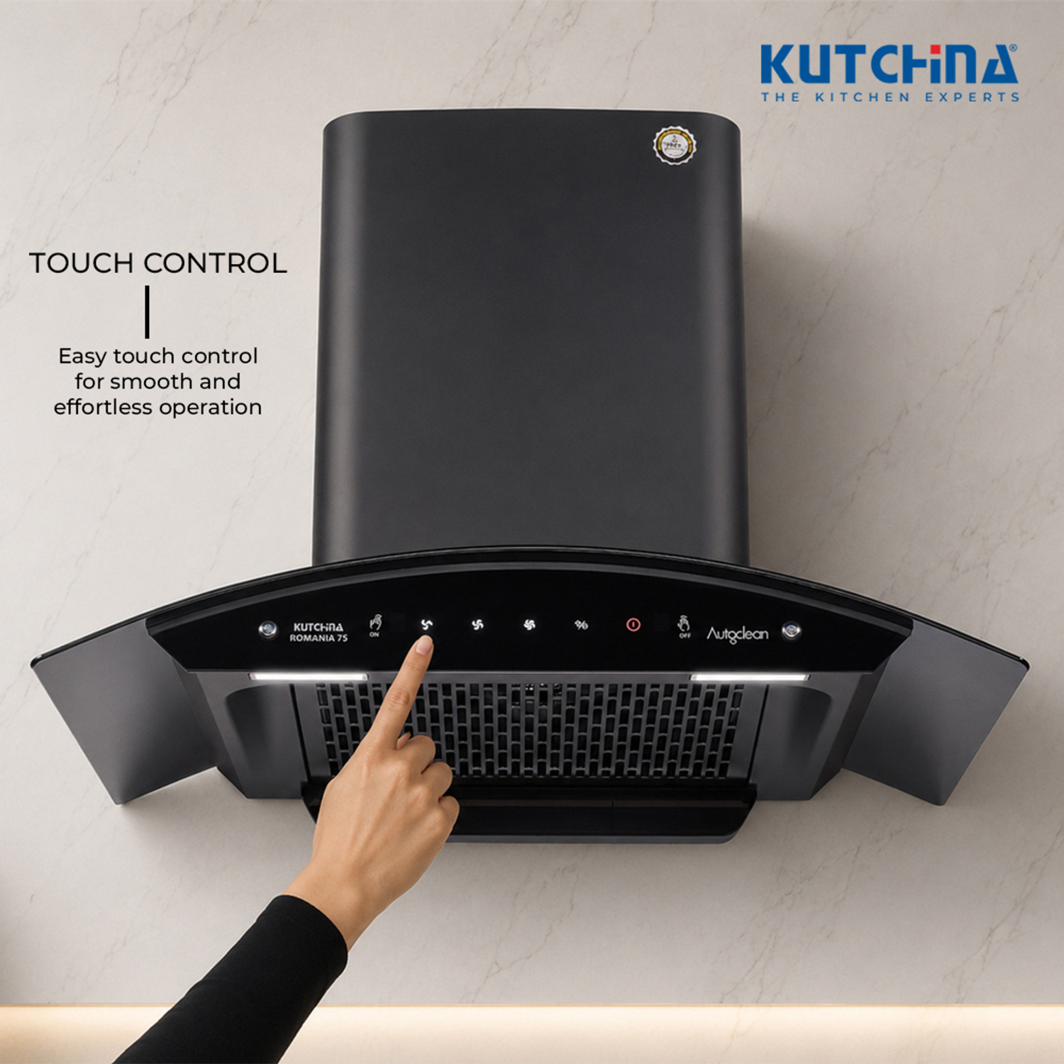 Image of Kutchina Romania 75 1300 CMH 75 cm Motion Sensor Control Touch Control Auto Clean Powerful suction Low Noise Auto Clean Chimney