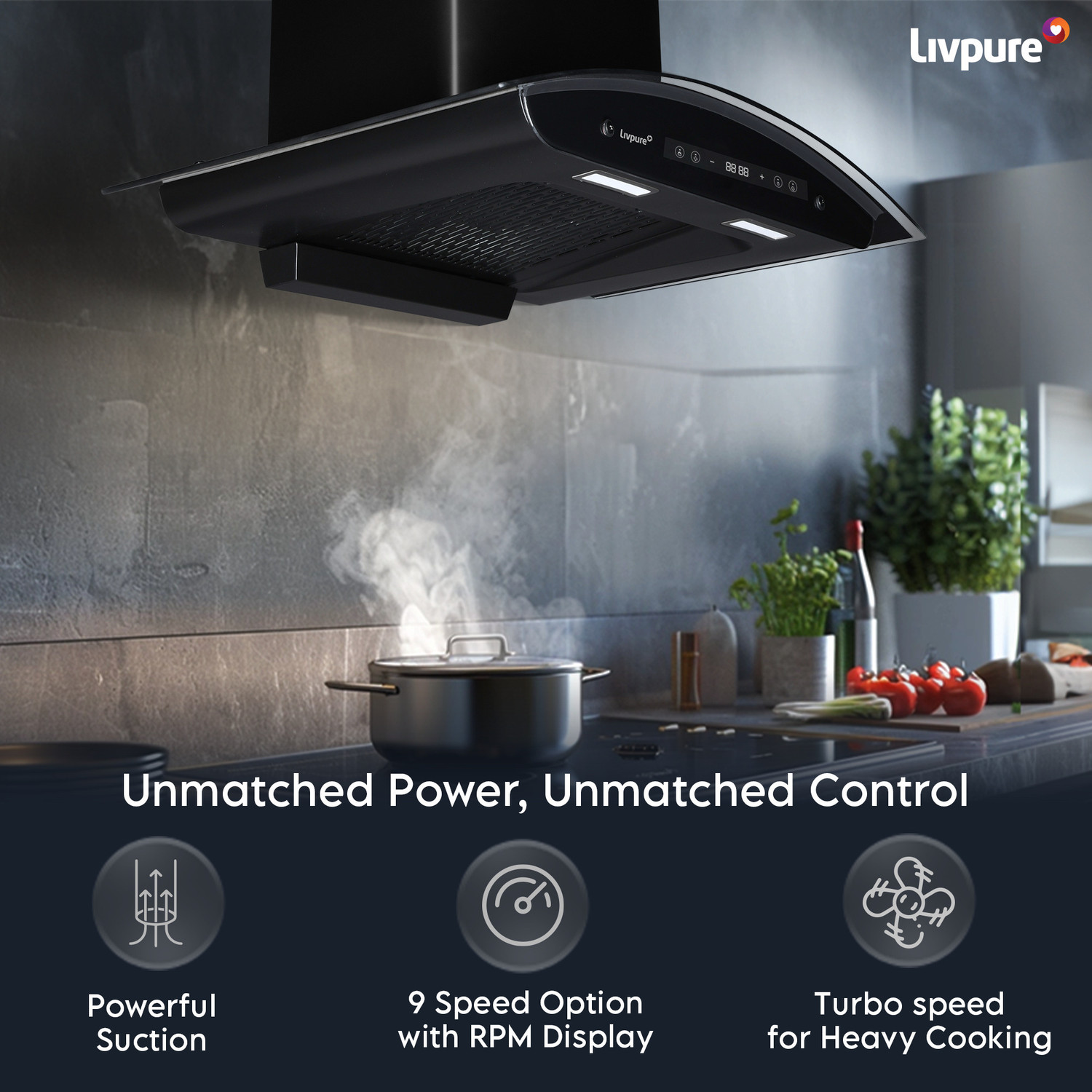 Image of LIVPURE LIV-INVICTO-75-FL-BLDC-HAC Auto Clean Filterless Auto-clean Chimney With BLDC Motor | 9 Speed With RPM Display |Touch & Gesture Control | Powerful Suction | Low Noise Wall Mounted Black 1400 CMH Chimney