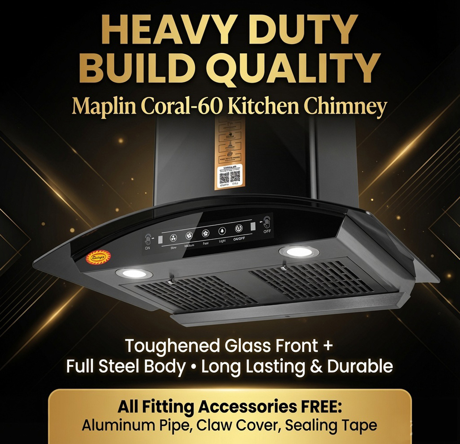 Image of SURYA Coral 60 1500 CMH 60 cm Curve Shape Filterless Powerful Suction Low Noise 3 Speed Motor Auto Clean Chimney