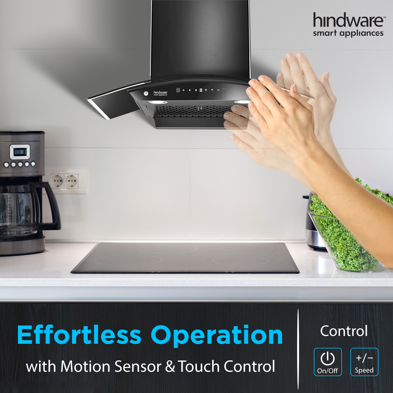 Image of Hindware Smart Appliances Ripple Neo 75 IN 1200 CMH 75 cm | Curved | Filterless | Touch Control | Motion Sensor | Energy Efficient LED Light | Powerful Suction | Auto Clean Chimney