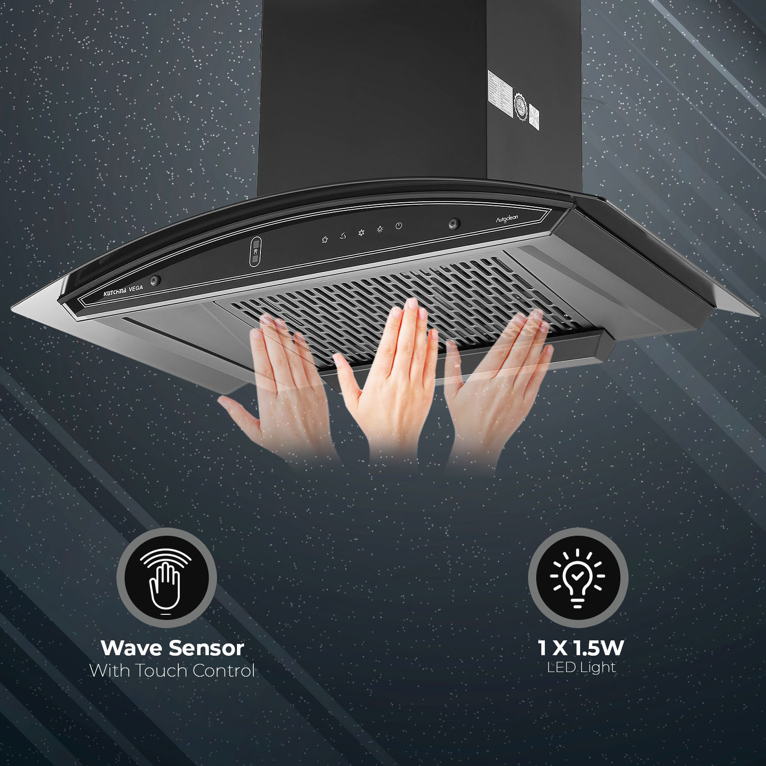 Image of Kutchina Vega DLX 90 1600 CMH 90 cm Motion Sensor Control Touch Control Auto Clean Powerful suction Low Noise Auto Clean Chimney