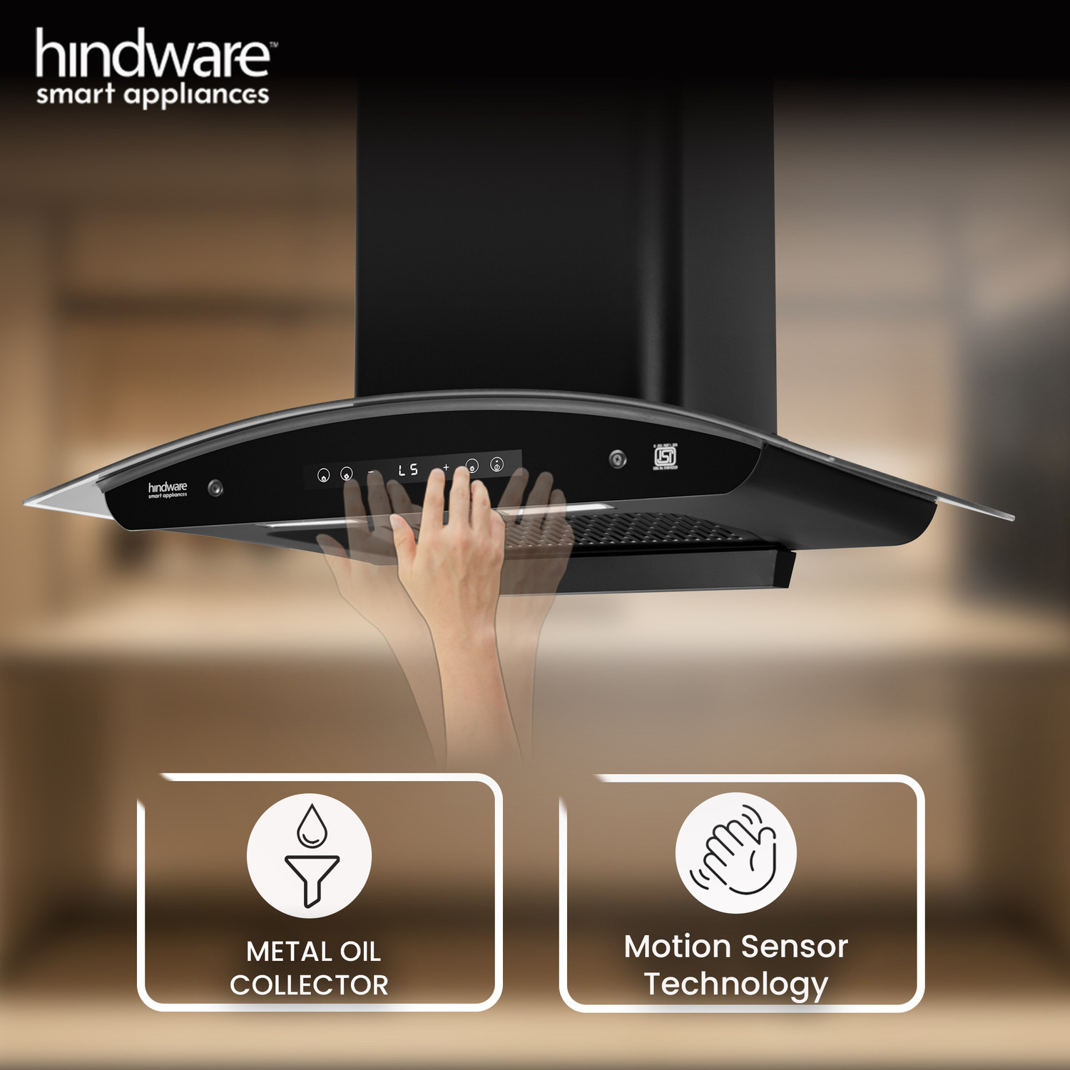 Image of Hindware Smart Appliances Alexio Plus BLDC 90CM Auto Clean | Curved Glass | Filterless | Touch Control, Motion Sensor | Energy Efficient LED Light | Powerful Suction | Wall Mounted Black 1450 CMH Chimney