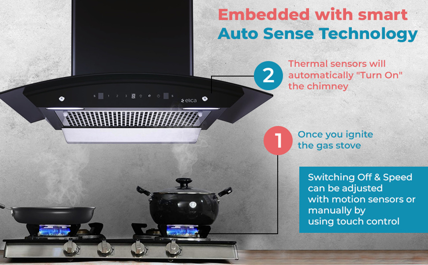 Image of Elica AUTO SENSE WDFL 606 HAC LTW MS NERO 1200 CMH 60 cm Auto Clean Chimney