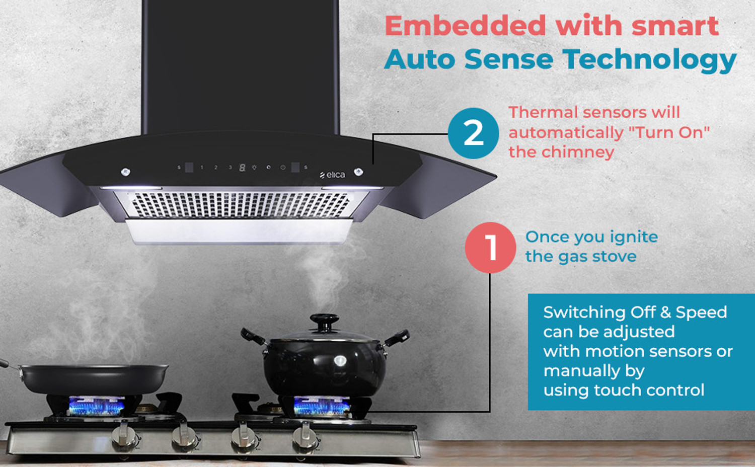 Image of Elica AUTO SENSE WDFL 906 HAC LTW MS NERO 1200 CMH 90 cm Auto Clean Chimney
