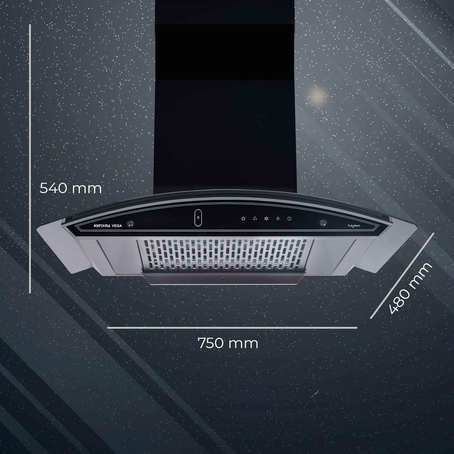 Image of Kutchina Vega DLX 75 1600 CMH 75 cm Motion Sensor Control Touch Control Auto Clean Powerful suction Low Noise Auto Clean Chimney