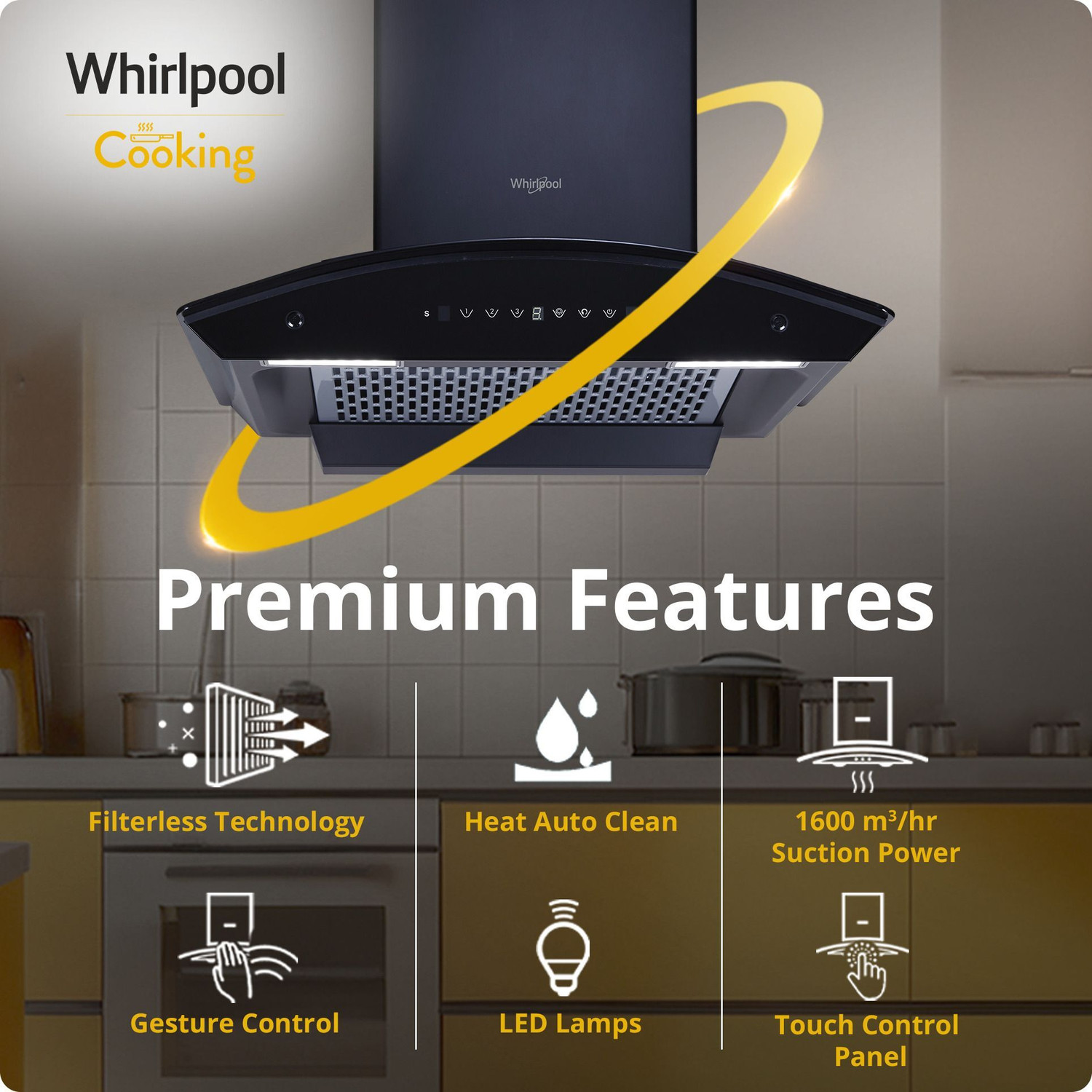 Image of Whirlpool CGFL PRO 604 HAC BK HOOD Auto Clean Curved Glass 60 cm| 11 Years Motor Warranty| Heat Autoclean| Gesture Control| Filterless|Powerful Suction | Low Noise Wall Mounted Black 1600 CMH Chimney
