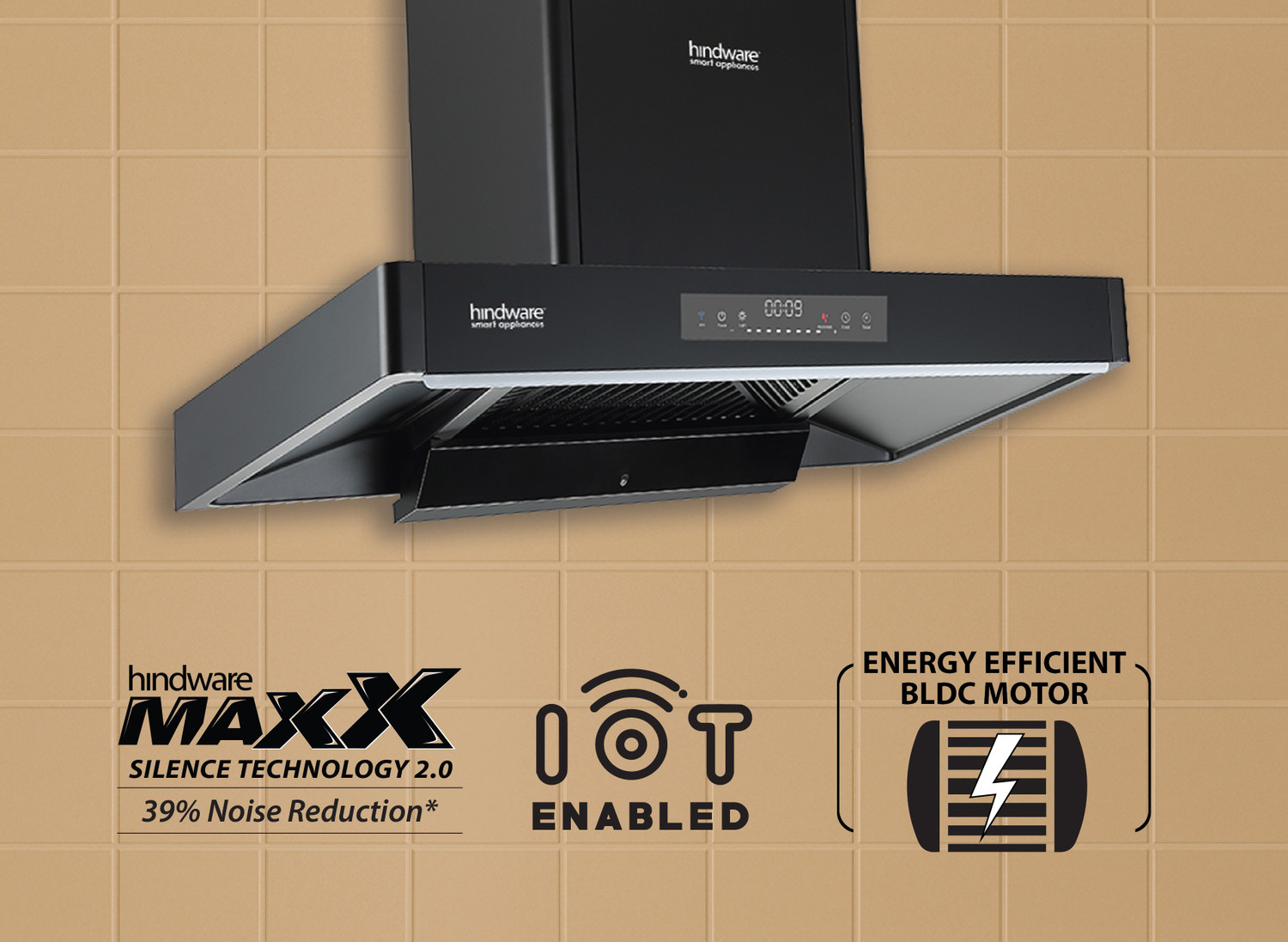 Image of Hindware Optimus Ipro BLDC 90 Auto Clean Wall Mounted Black 1900 CMH Chimney