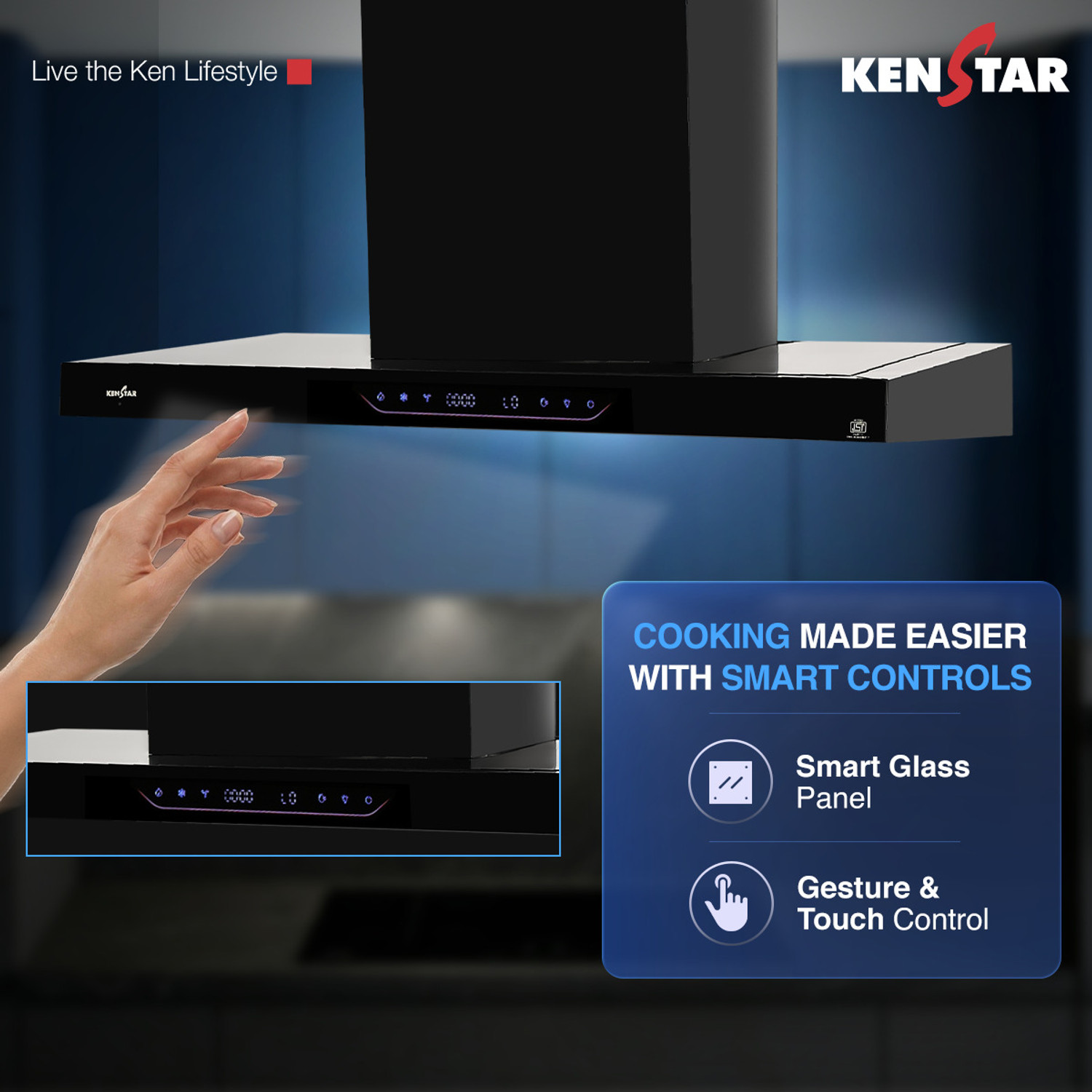 Image of Kenstar AeroGlide BLDC T SHAPE 90 CM 1500 CMH 90 cm Filterless Auto-clean Chimney With BLDC Motor 10 Speed Touch & Gesture Control Powerful Suction Low Noise Auto Clean Chimney