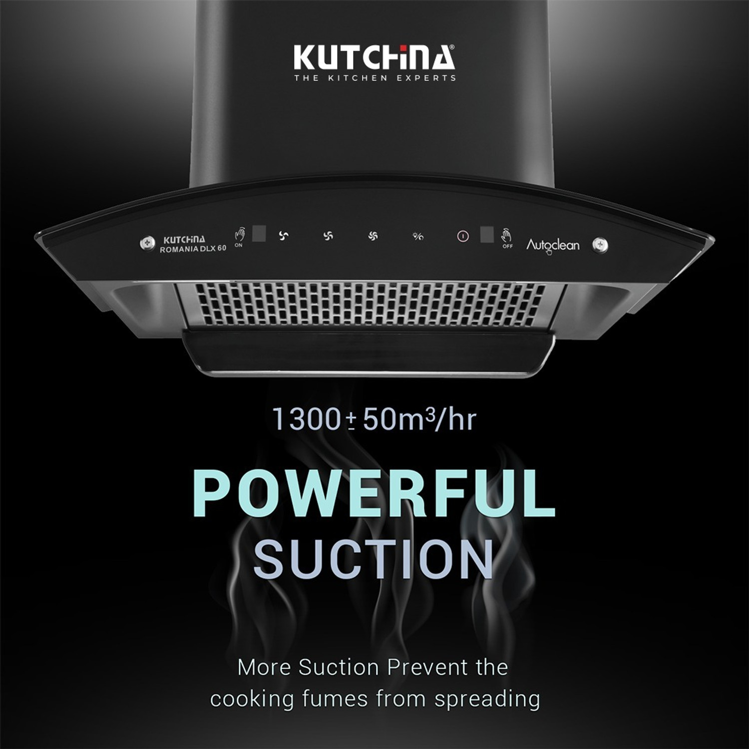 Image of Kutchina Romania DLX 60 1300 CMH 60 cm Ductless Plug & Play Touch & Wave Sensor Control Auto Clean Chimney Auto Clean Chimney