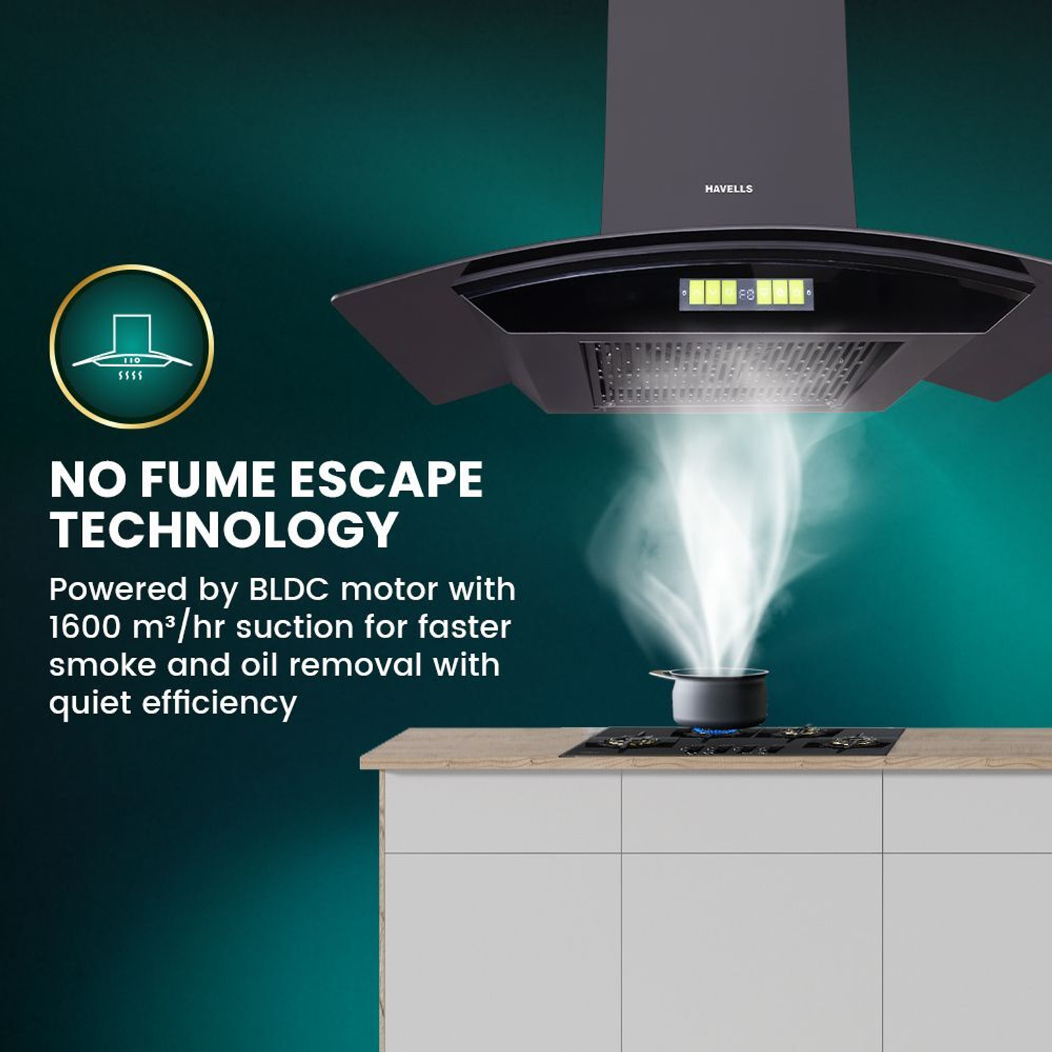 Image of HAVELLS Polaris BLDC 60cm Curved Glass Kitchen Chimney 1600 CMH 56.5 cm Auto Clean Chimney