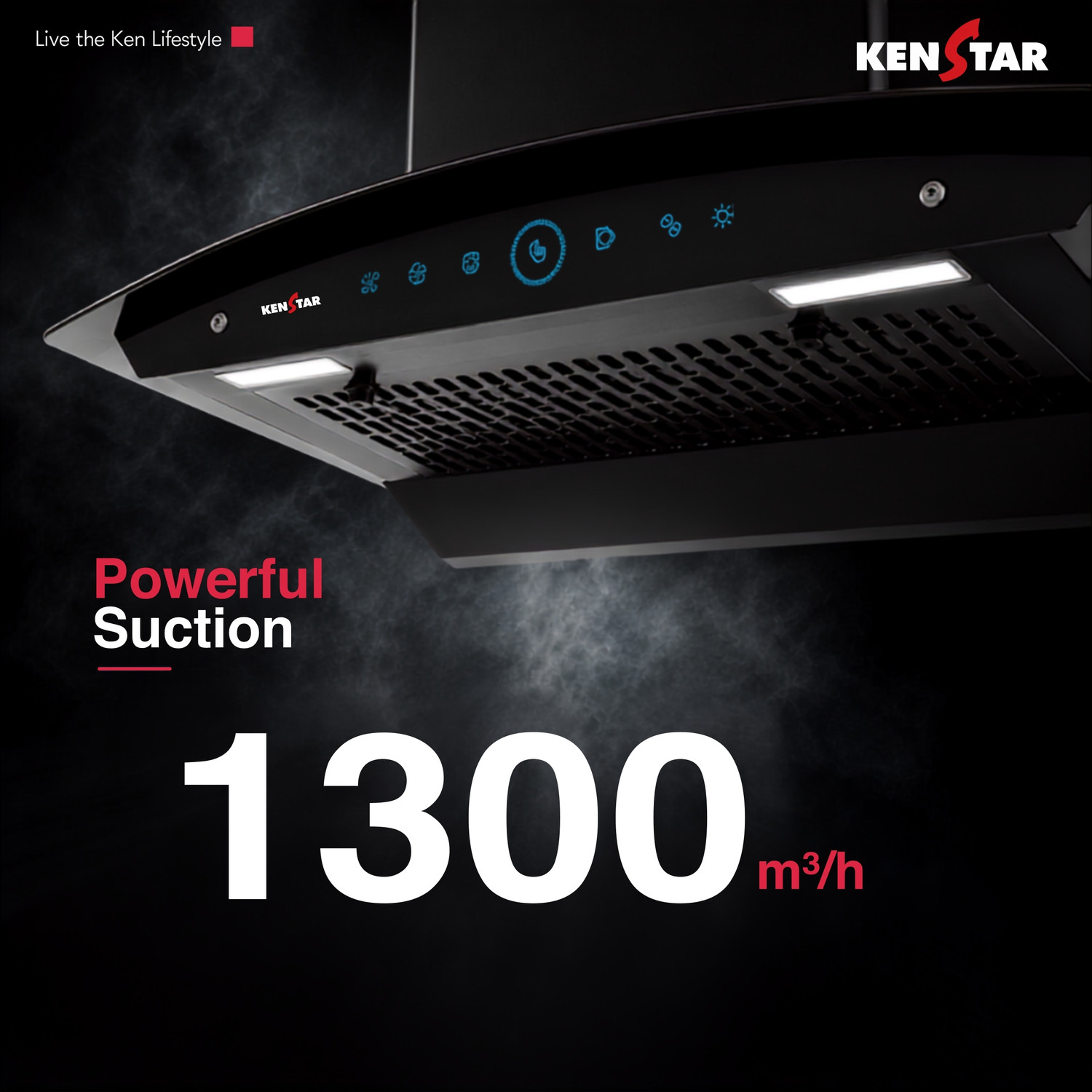 Image of Kenstar Smoke Zero 60 1300 CMH 60 cm | Curved Glass | Filterless | 3 Speed Motion Sensor with Touch Controls | Powerful Suction | Outer Oil Collector | Energy Saving LED Lights | Auto Clean Chimney