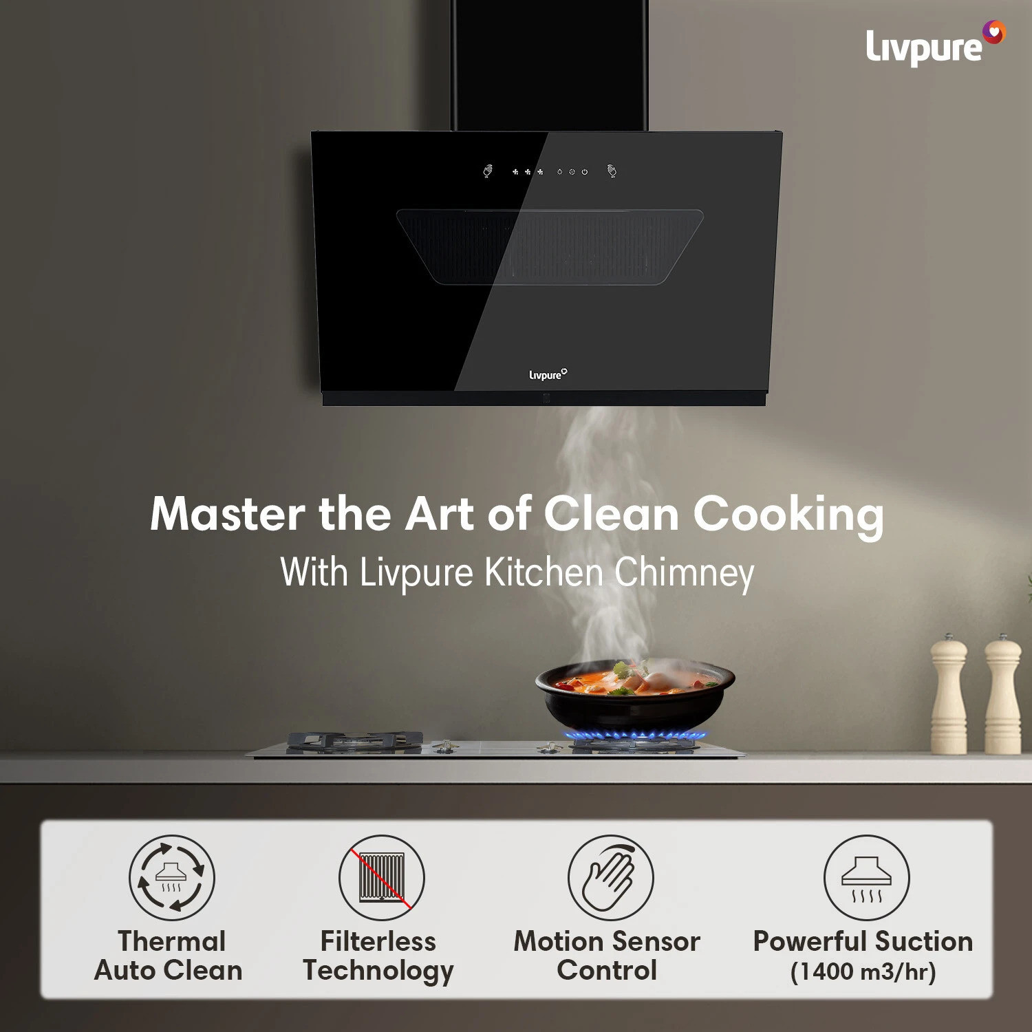 Image of LIVPURE EMERALD-NEO-90-FL-HAC 1400 CMH 90 cm Auto Clean Chimney