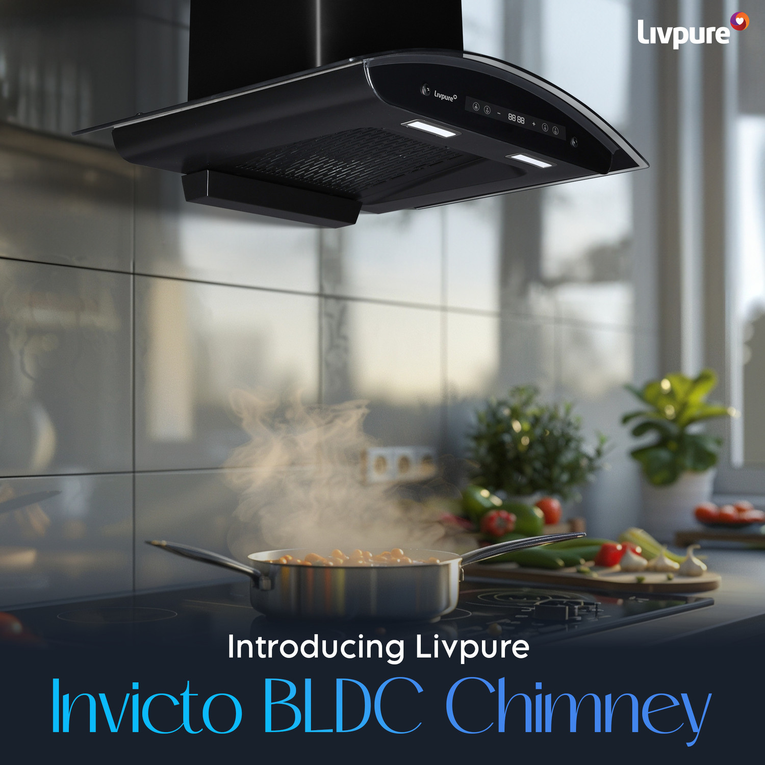 Image of LIVPURE LIV-INVICTO-75-FL-BLDC-HAC Auto Clean Filterless Auto-clean Chimney With BLDC Motor | 9 Speed With RPM Display |Touch & Gesture Control | Powerful Suction | Low Noise Wall Mounted Black 1400 CMH Chimney
