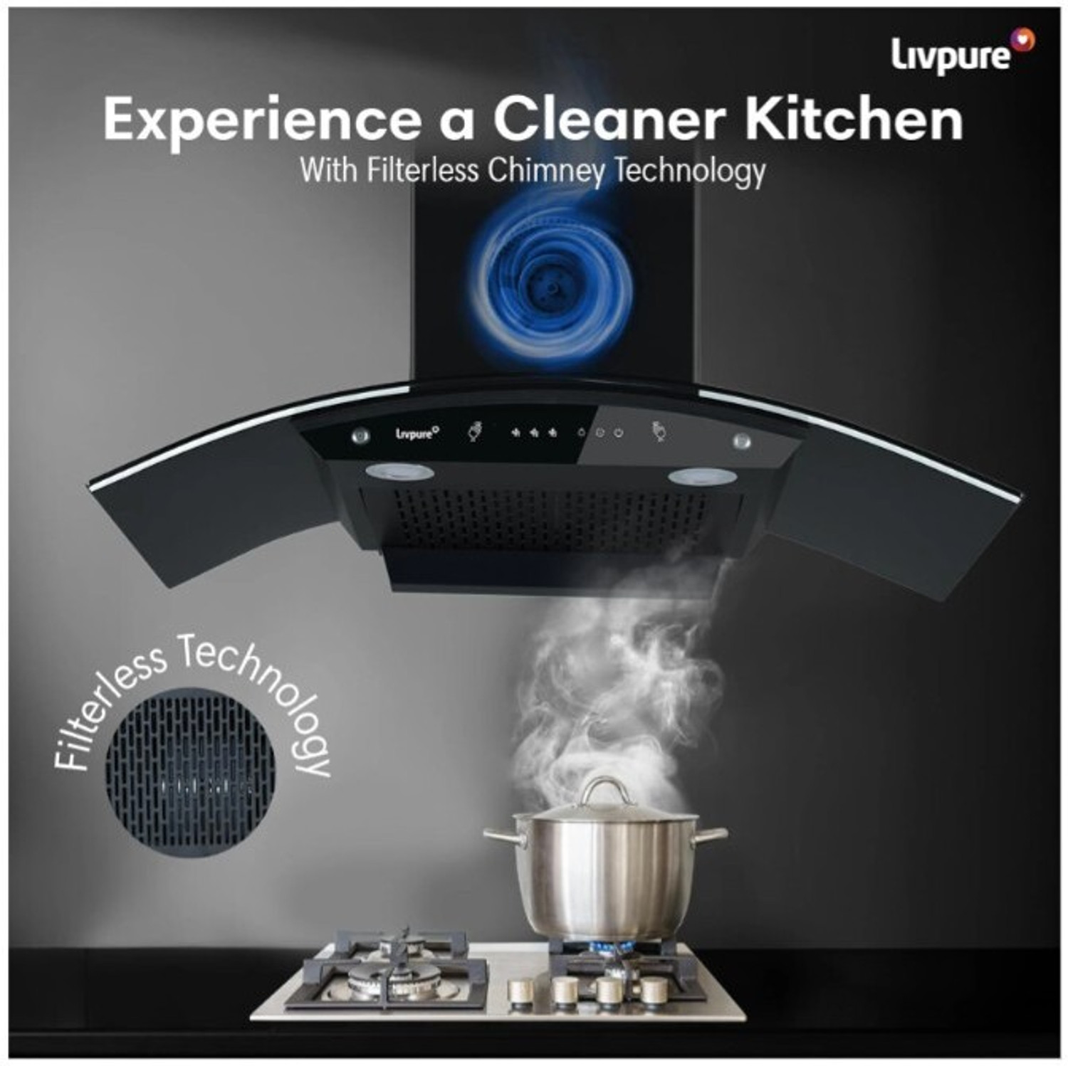 Image of LIVPURE LIV-SWIRL-90-FL-HAC 1400 CMH 90 cm Auto Clean Chimney